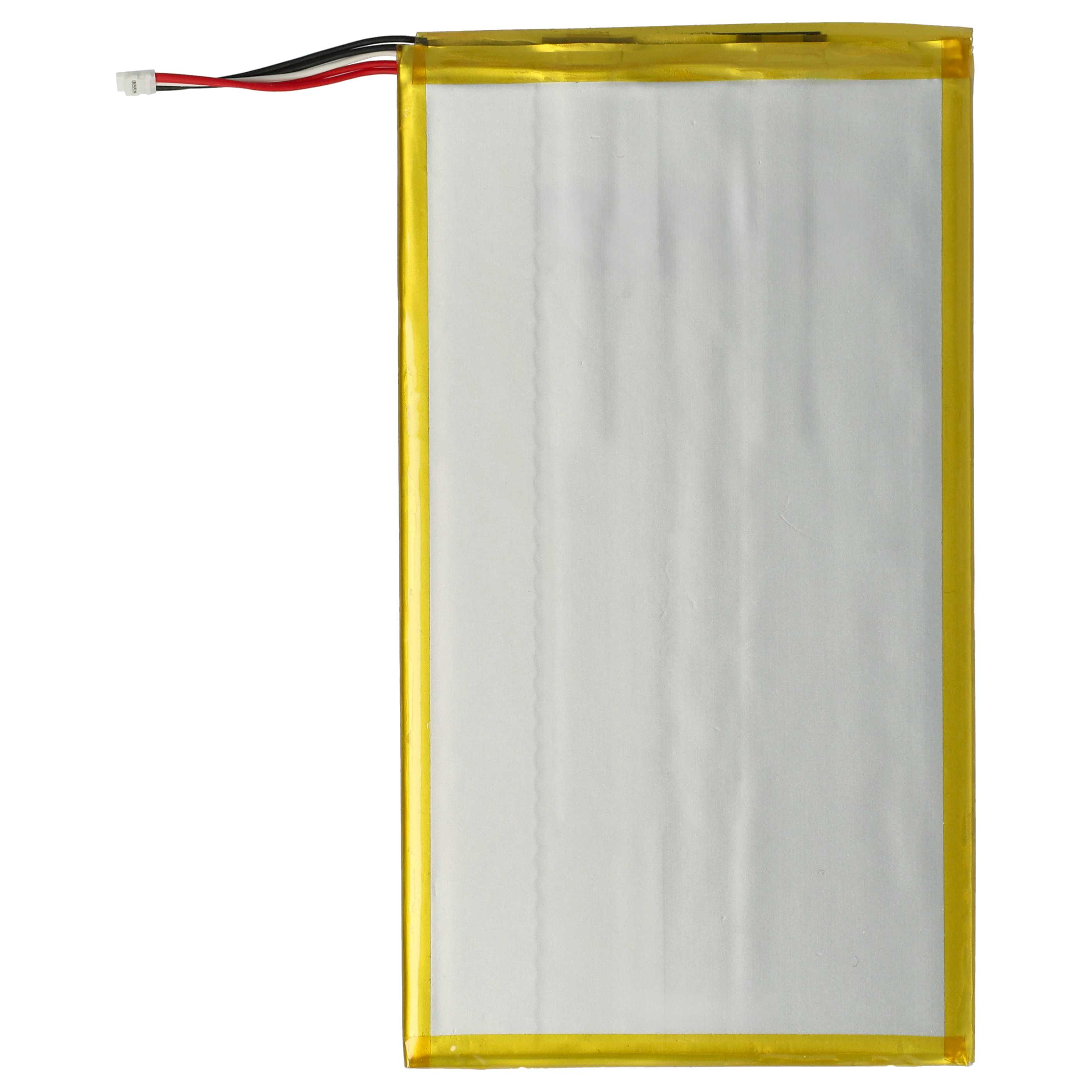 Eine flache, rechteckige Lithium-Polymer-Batterie mit gelbem Klebebandrand und roten, schwarzen und weißen Kabeln.
