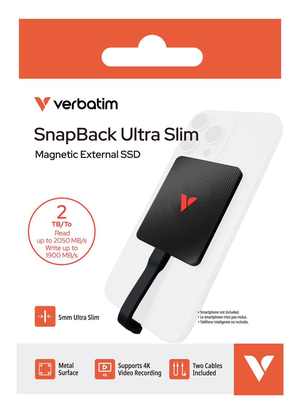 Verbatim SnapBack Ultra Slim magnetische externe SSD auf der Rückseite eines weißen Smartphones auf der Produktverpackung.