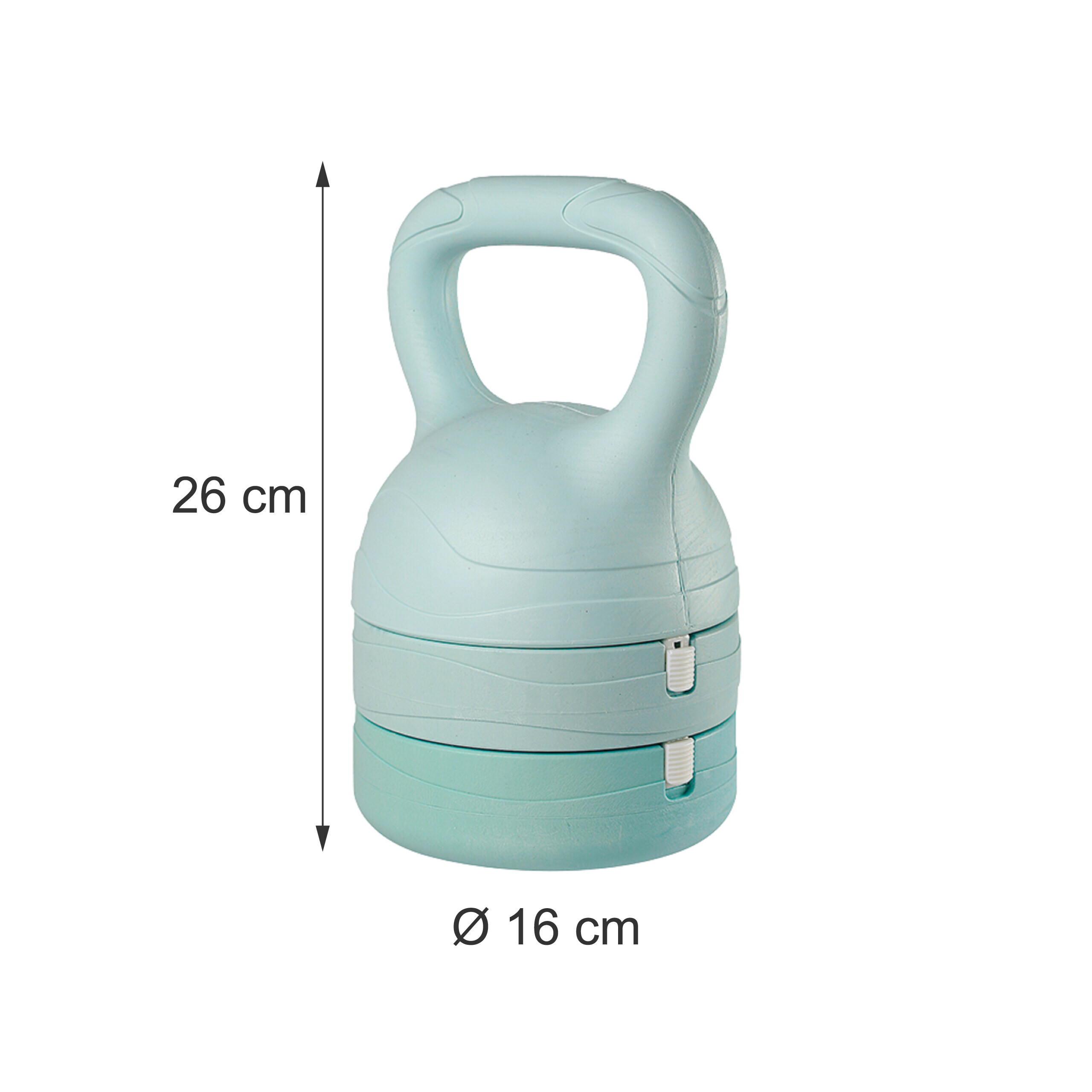 Hellblaue verstellbare Kettlebell, 26 cm hoch und 16 cm im Durchmesser, mit weißen Clips auf weißem Hintergrund.