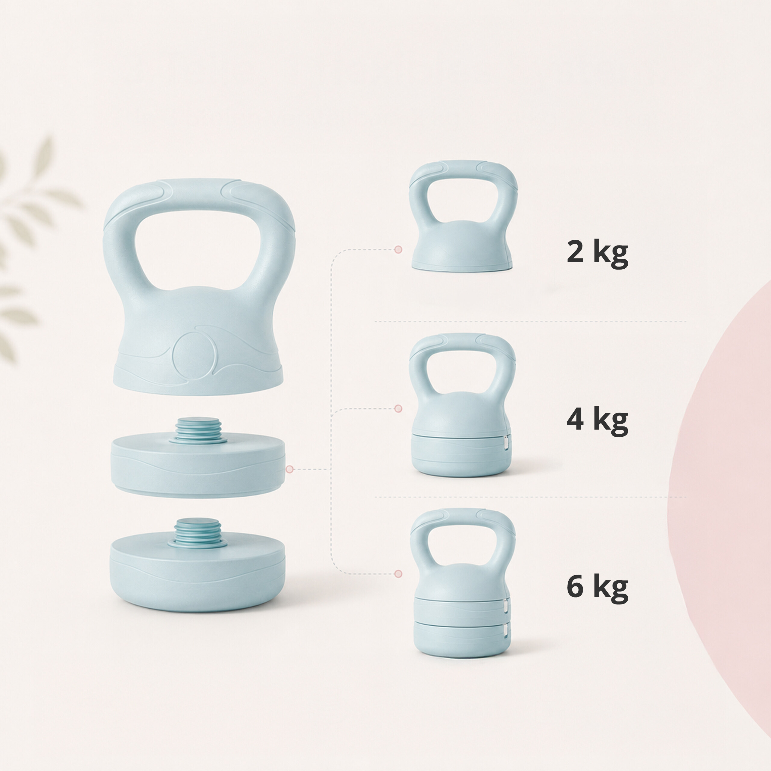 Verstellbare blaue Kettlebells mit Gewichtsstufen von 2 kg, 4 kg und 6 kg auf hellem Hintergrund.
