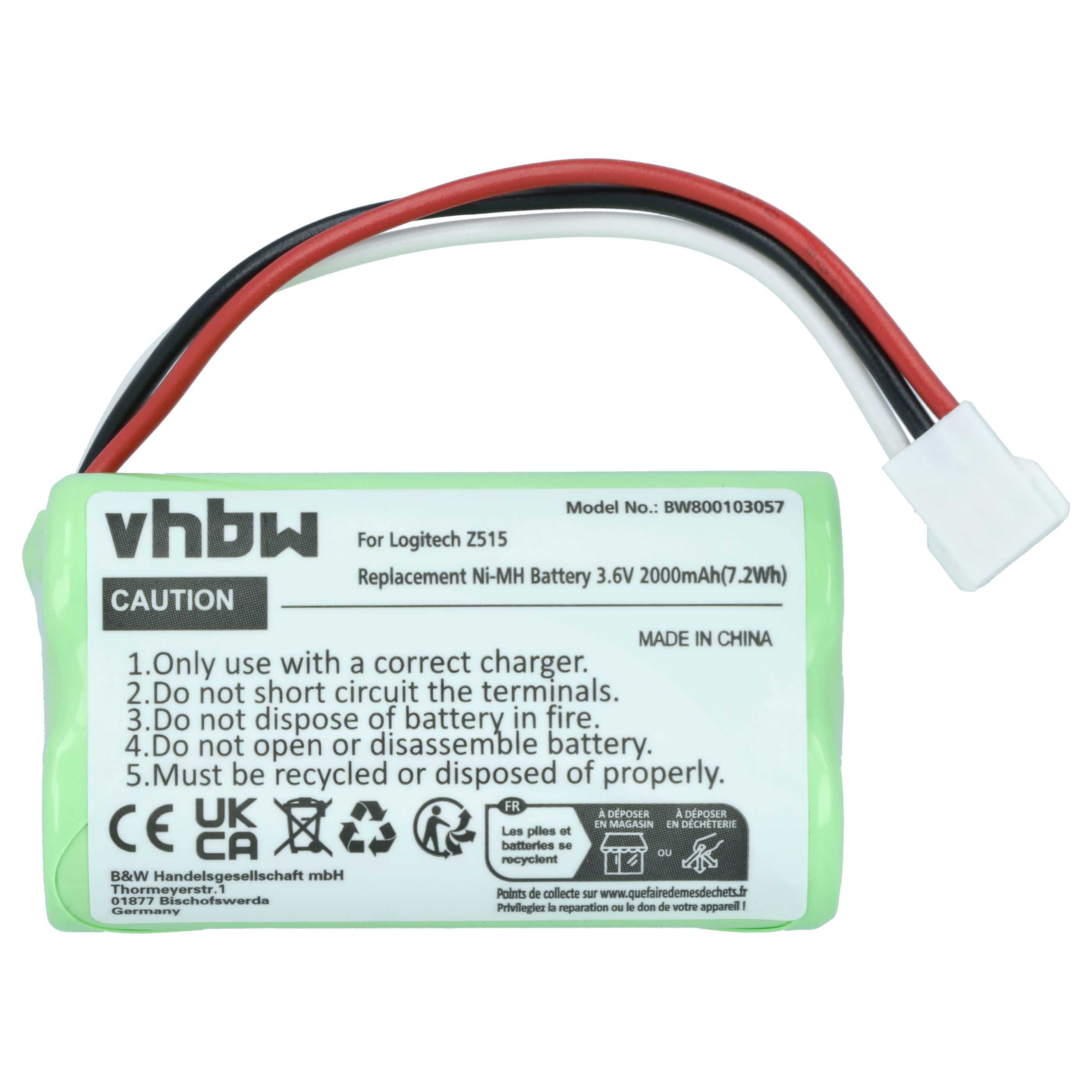 Grüne vhbw Ersatz-Ni-MH-Akkubatterie mit Kabeln und weißem Stecker auf weißem Hintergrund.