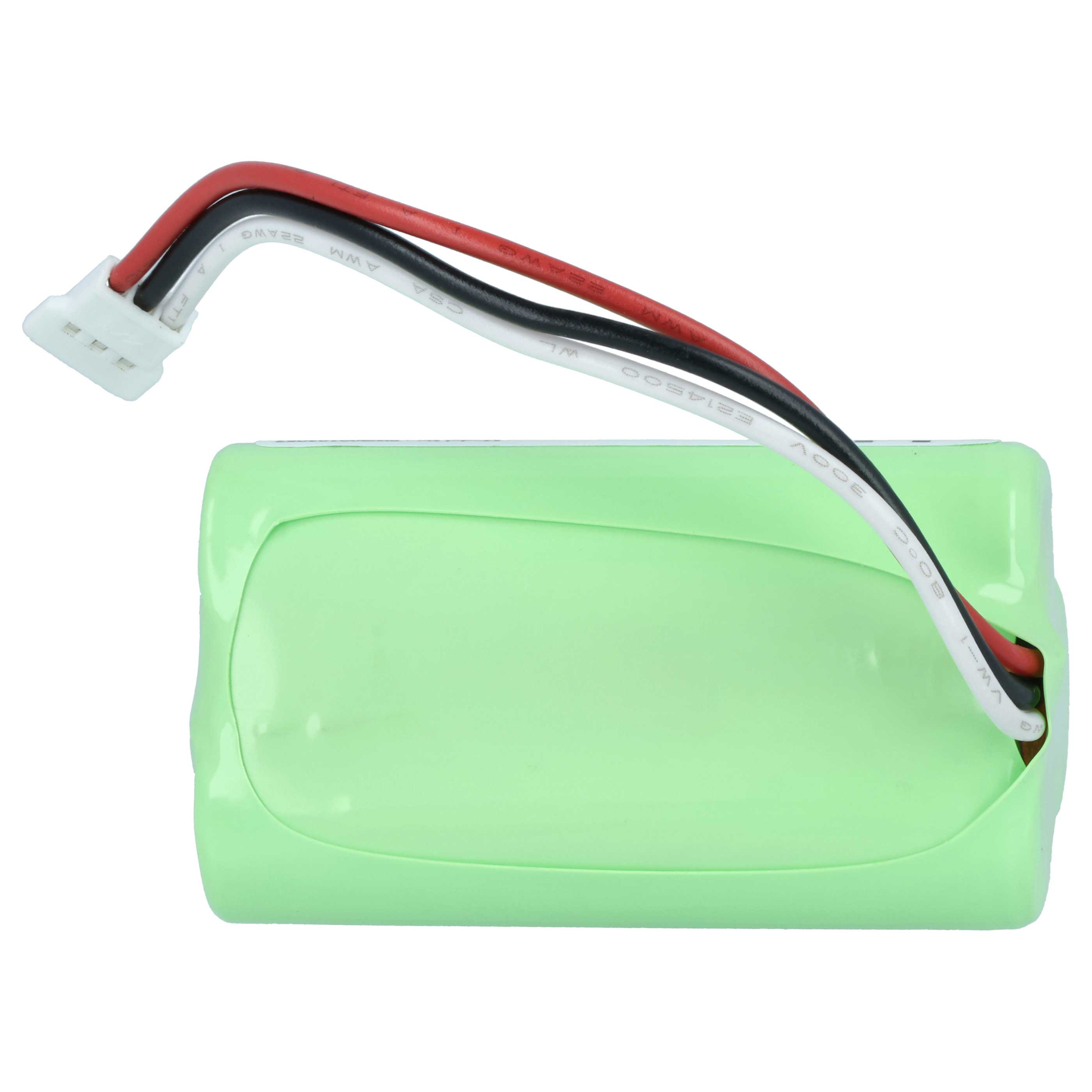Eine grüne zylindrische Batterie mit roten, schwarzen und weißen Drähten, die zu einem Stecker führen.