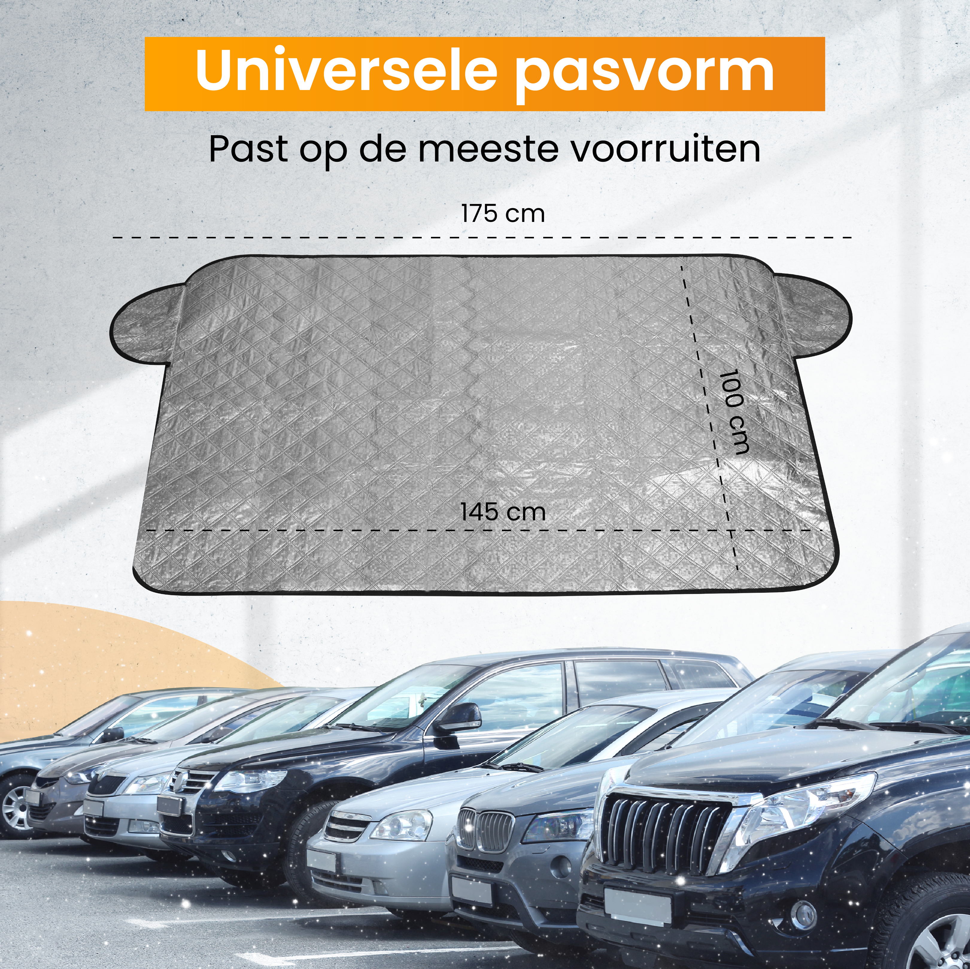 Universal-Windschutzscheibenabdeckung mit Maßen von 175x145 cm und Autos im Hintergrund.