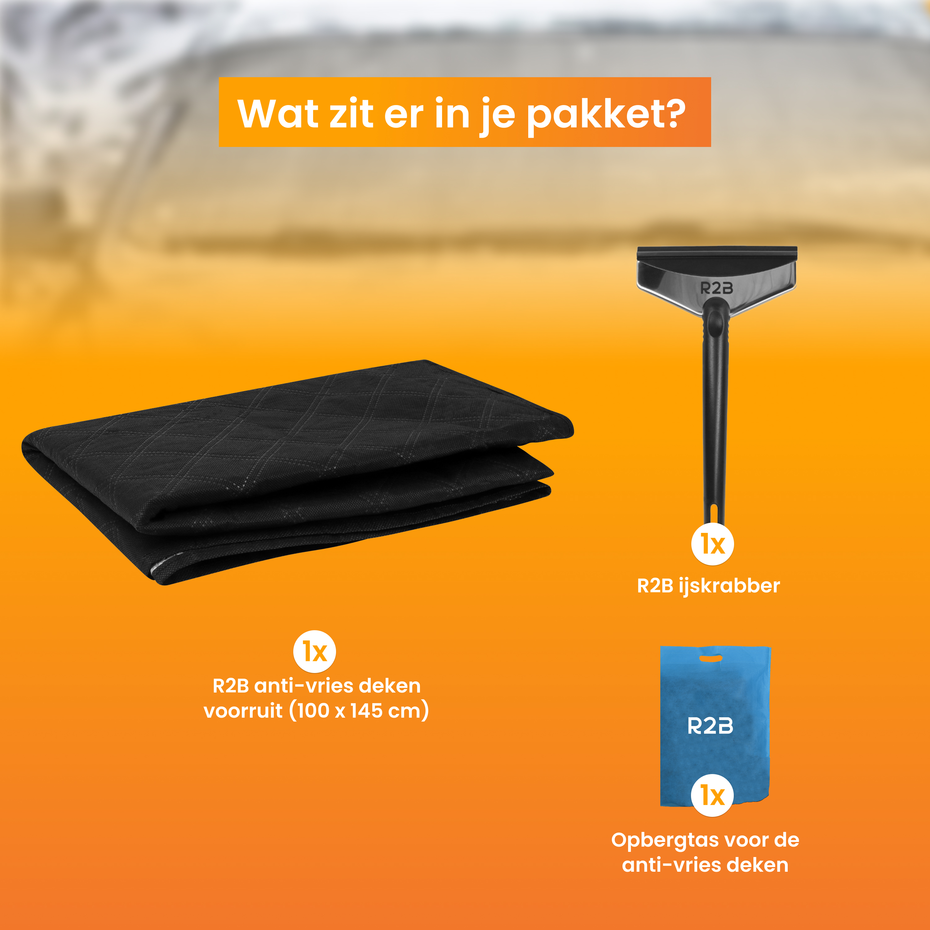 Produktset mit einer schwarzen Frostschutzdecke, einem Eiskratzer und einer blauen Aufbewahrungstasche auf Orange.