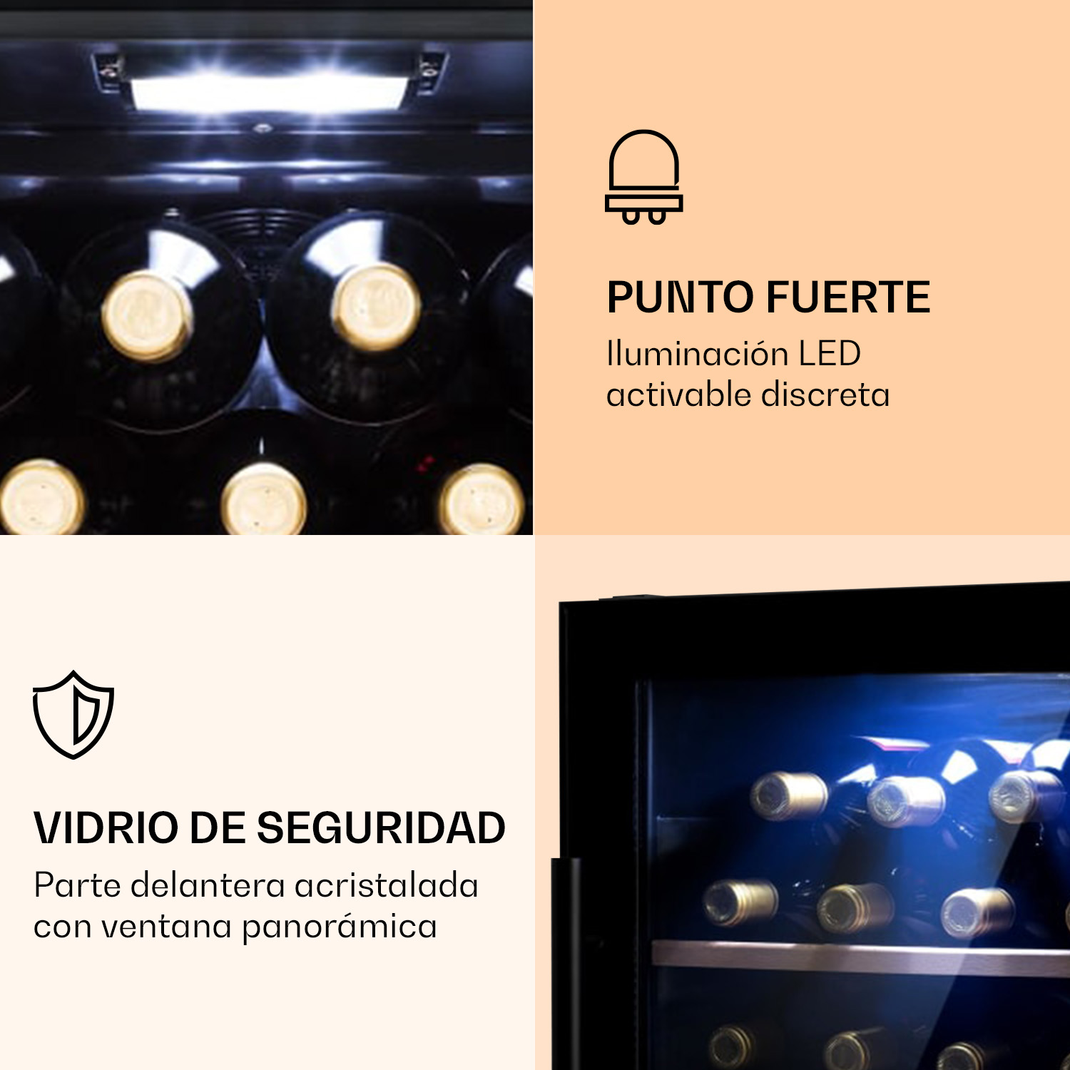 Un collage che mostra una cantinetta per vini con illuminazione LED e vetro.
