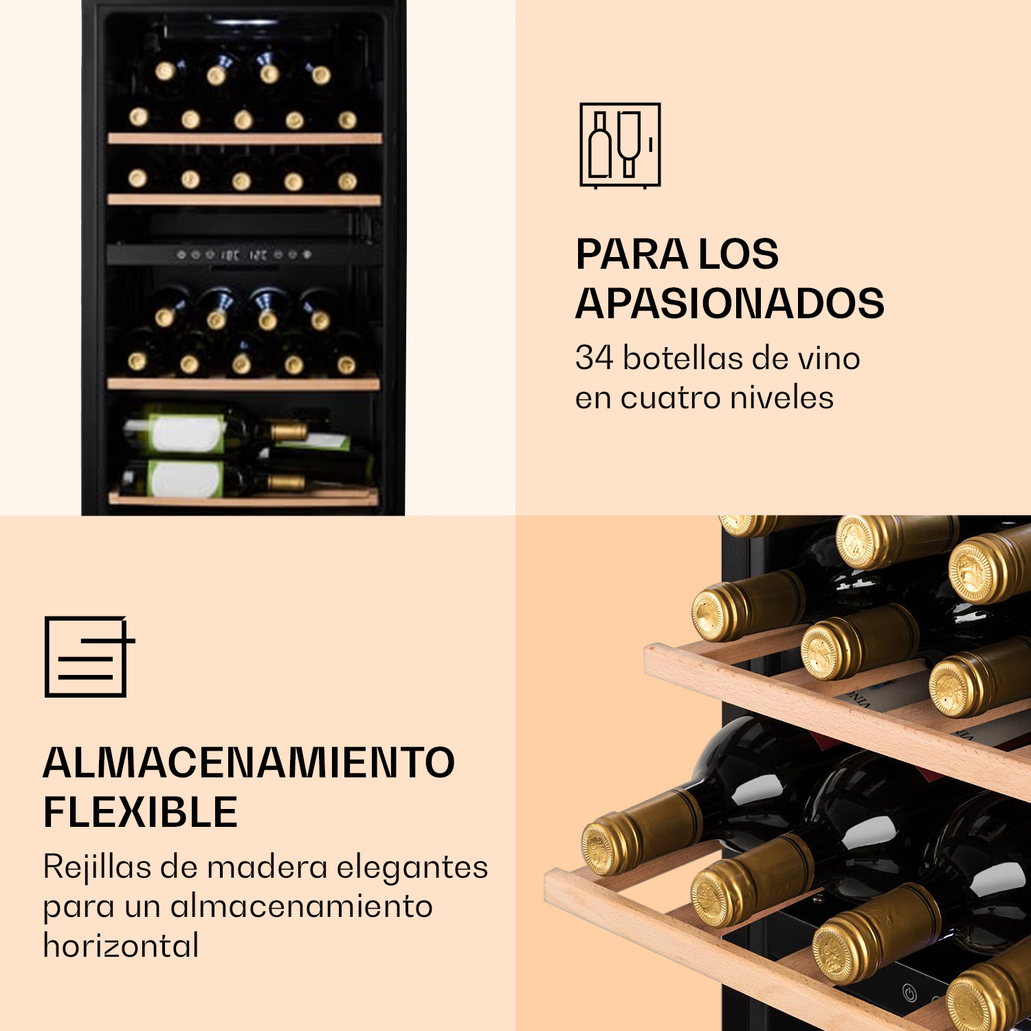 Una cantinetta nera con ripiani in legno per 34 bottiglie, accompagnata da testo promozionale.
