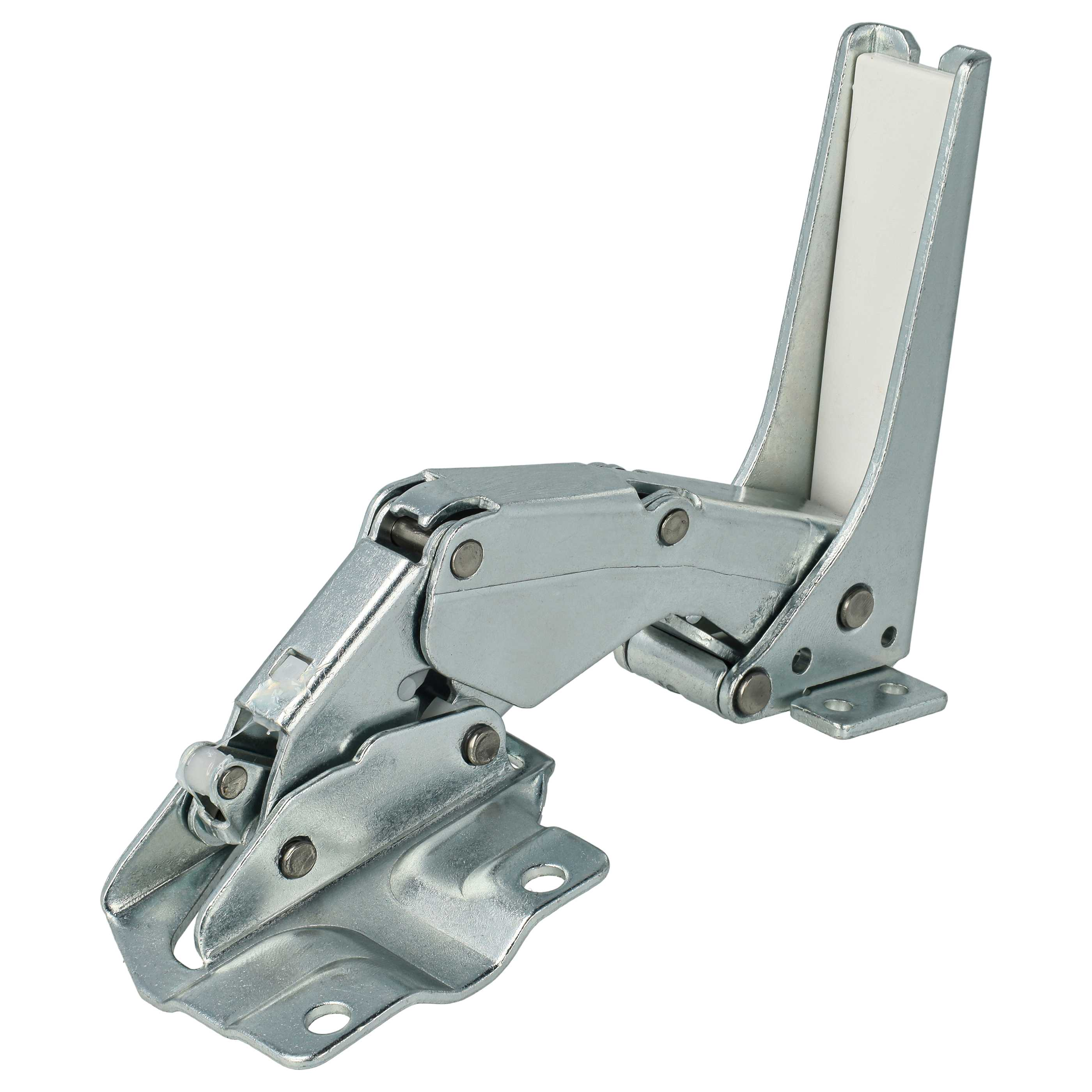 Ein silberner Metallscharnier mit komplexem mechanischen Design und integriertem weißen Bauteil.