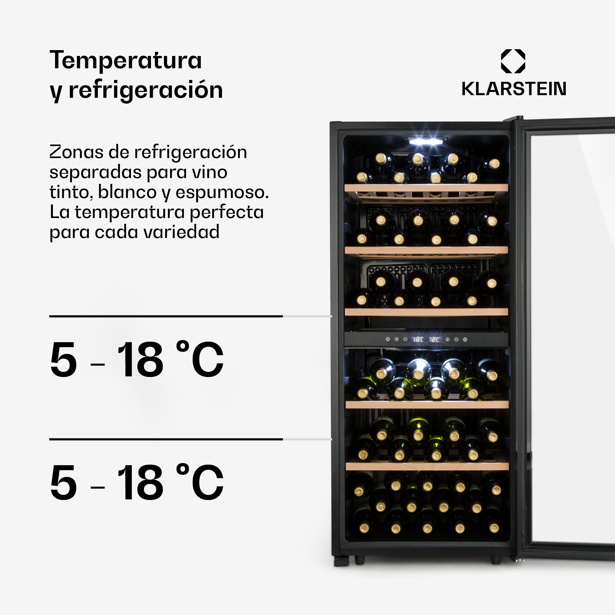 Vinoteca Klarstein con estantes iluminados y zonas de temperatura de 5 a 18 grados Celsius.