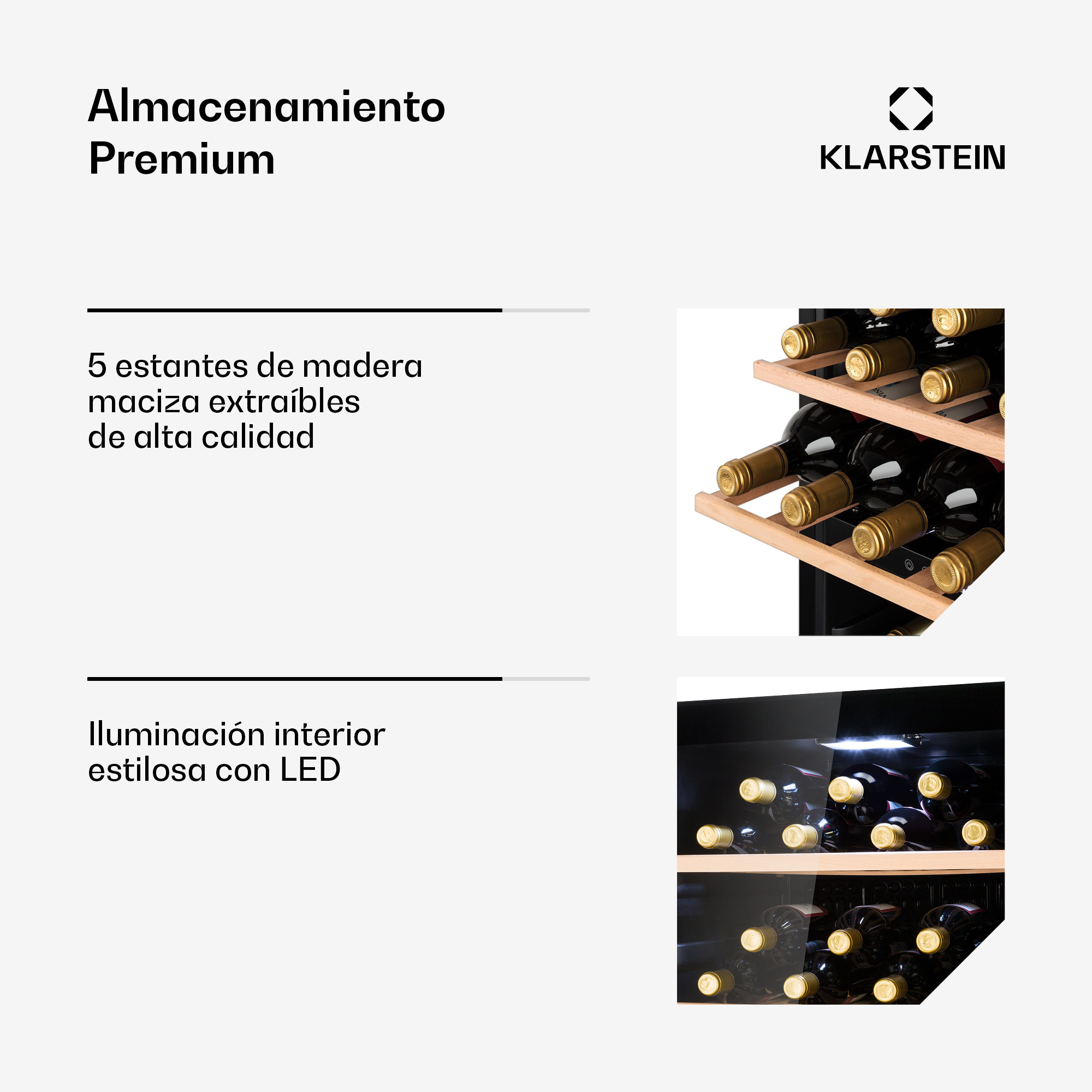 Imagen promocional de vinoteca Klarstein con estantes de madera e iluminación LED.