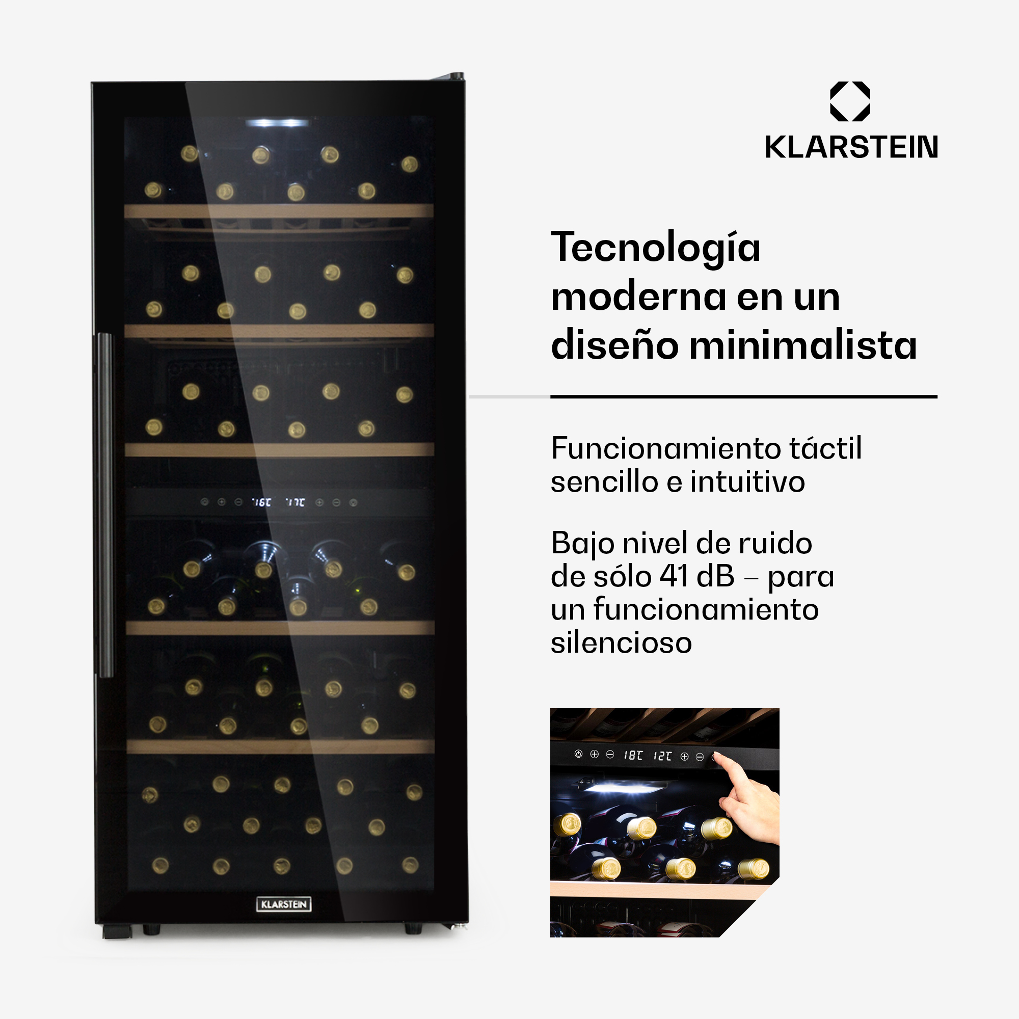 Vinoteca negra Klarstein con puerta de vidrio, estantes de madera y texto en español sobre tecnología y funcionamiento.