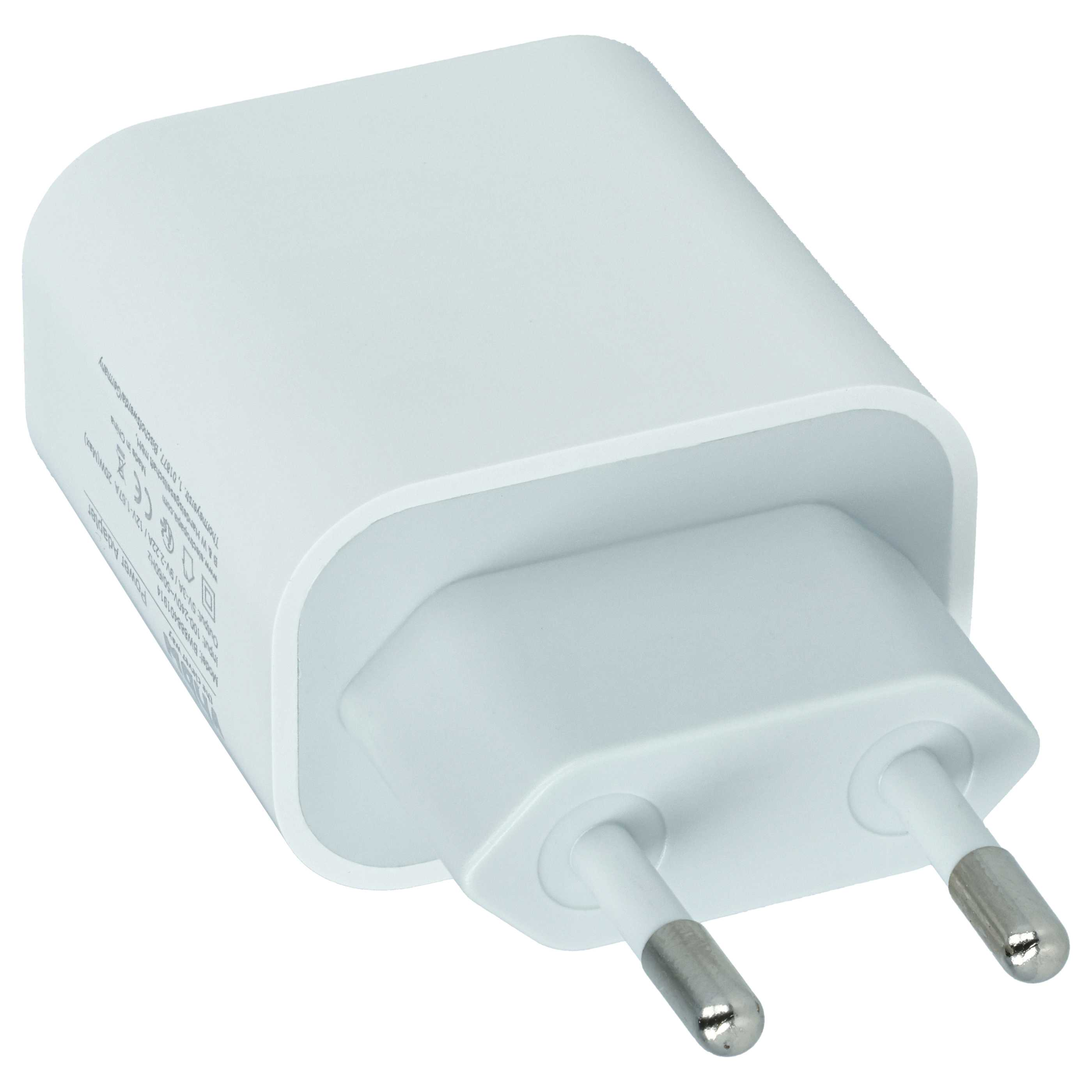 Ein weißer Netzadapter mit zwei runden Metallstiften für europäische Steckdosen.