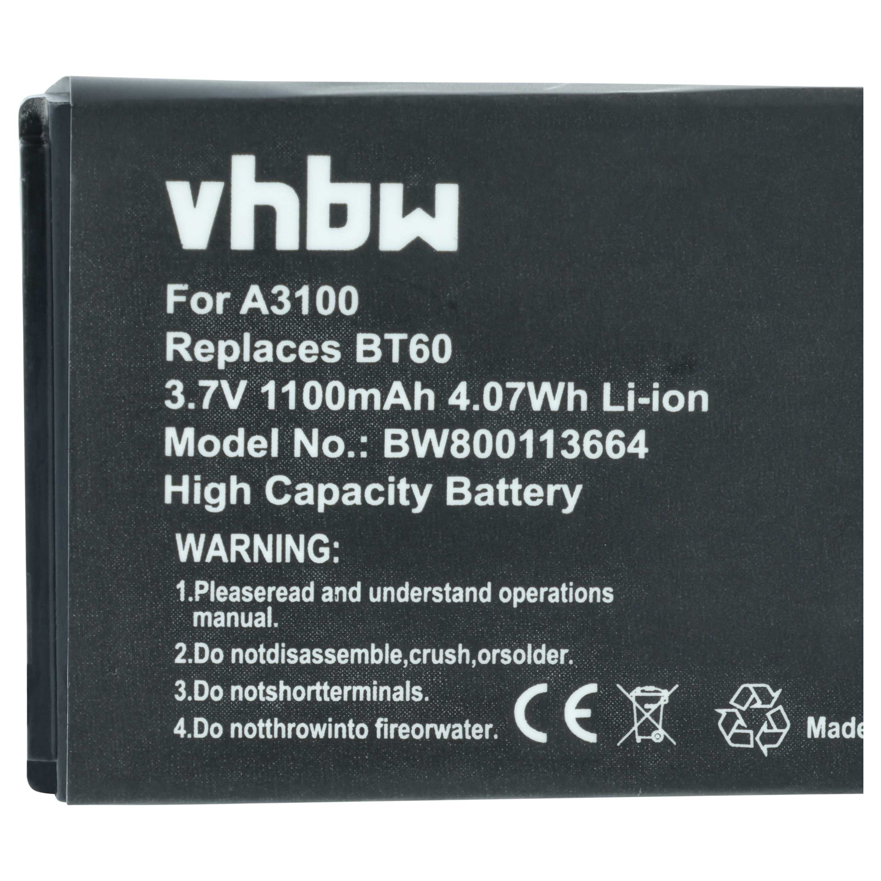 Schwarze vhbw Li-Ion Batterie mit weißem Text und Sicherheitshinweisen.