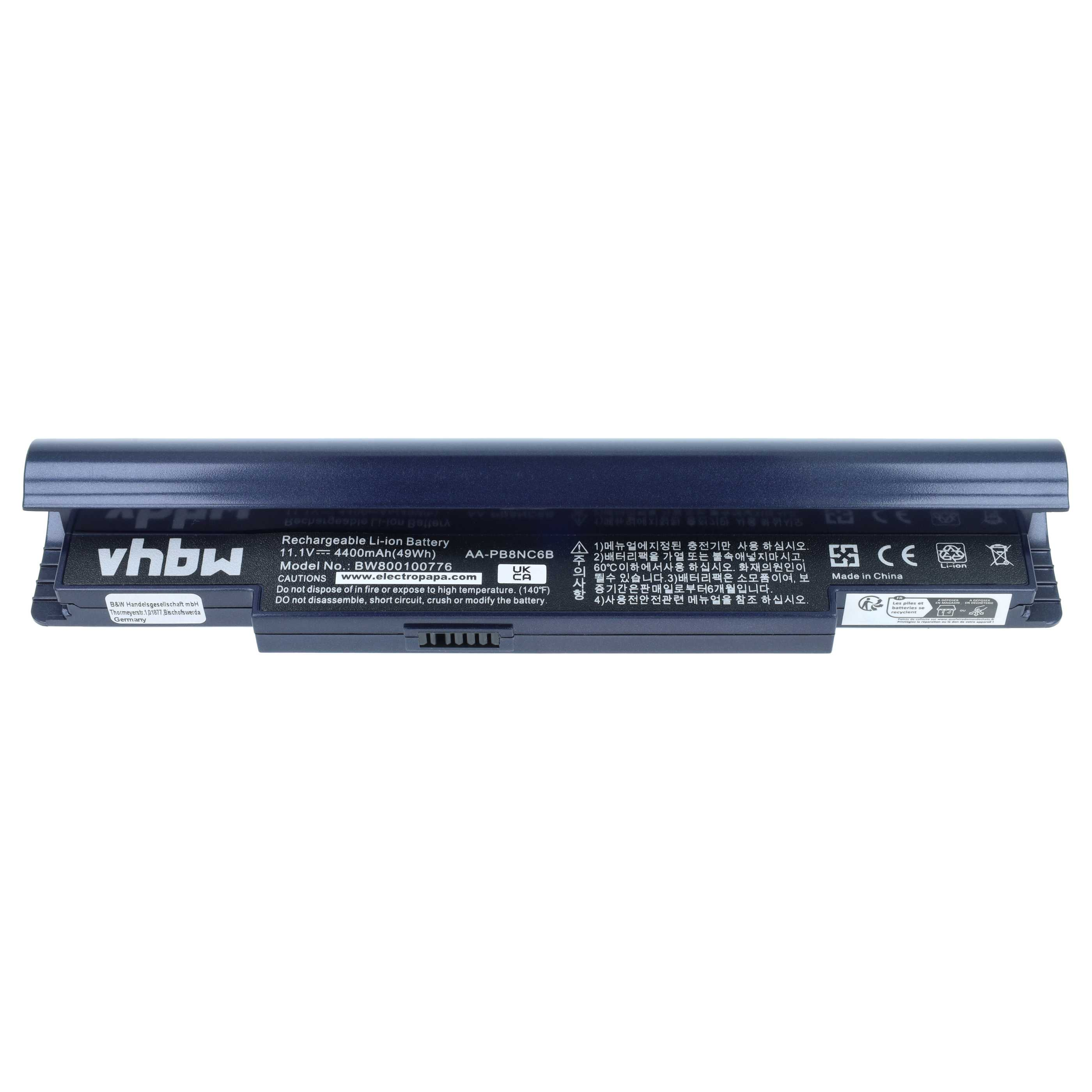 Ein blauer vhbw Laptop-Akku mit technischen Daten und Sicherheitshinweisen.