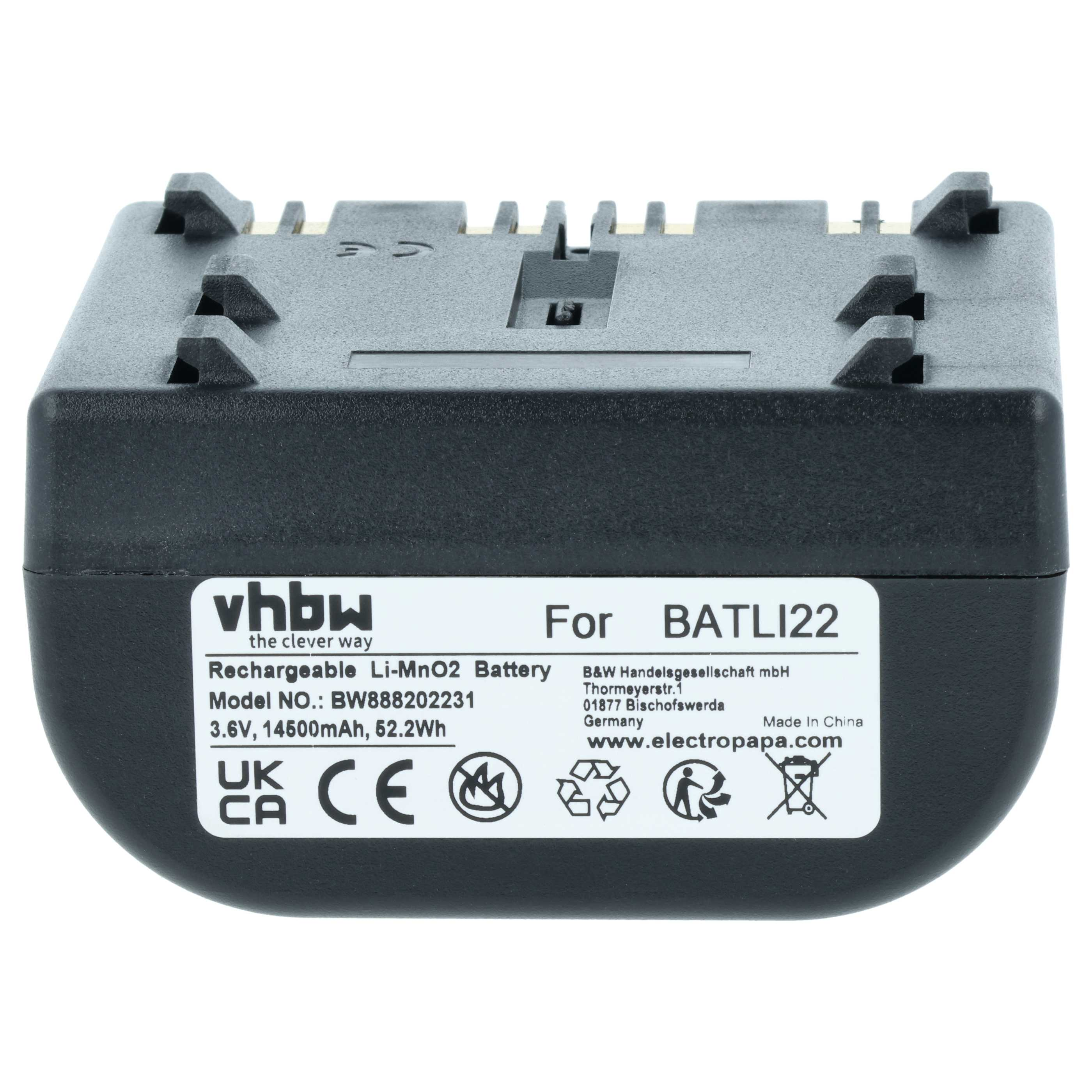 Schwarzer VHBW Akku für BATLI22 mit weißem Aufkleber, Modell BW888202231, auf weißem Hintergrund.