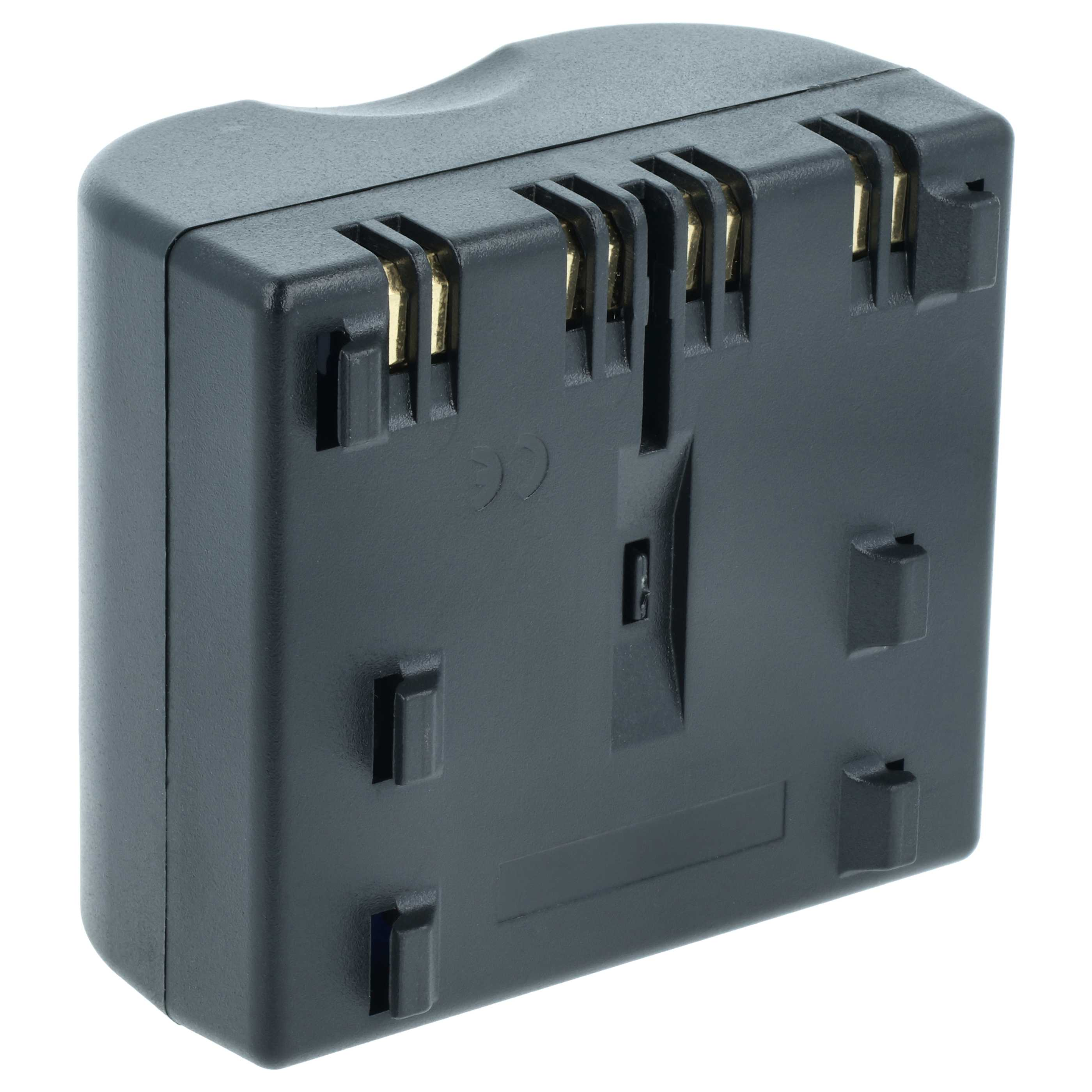 Schwarze Plastik-Batterieadapterplatte mit goldenen Kontakten und Montagelaschen vor weißem Hintergrund.