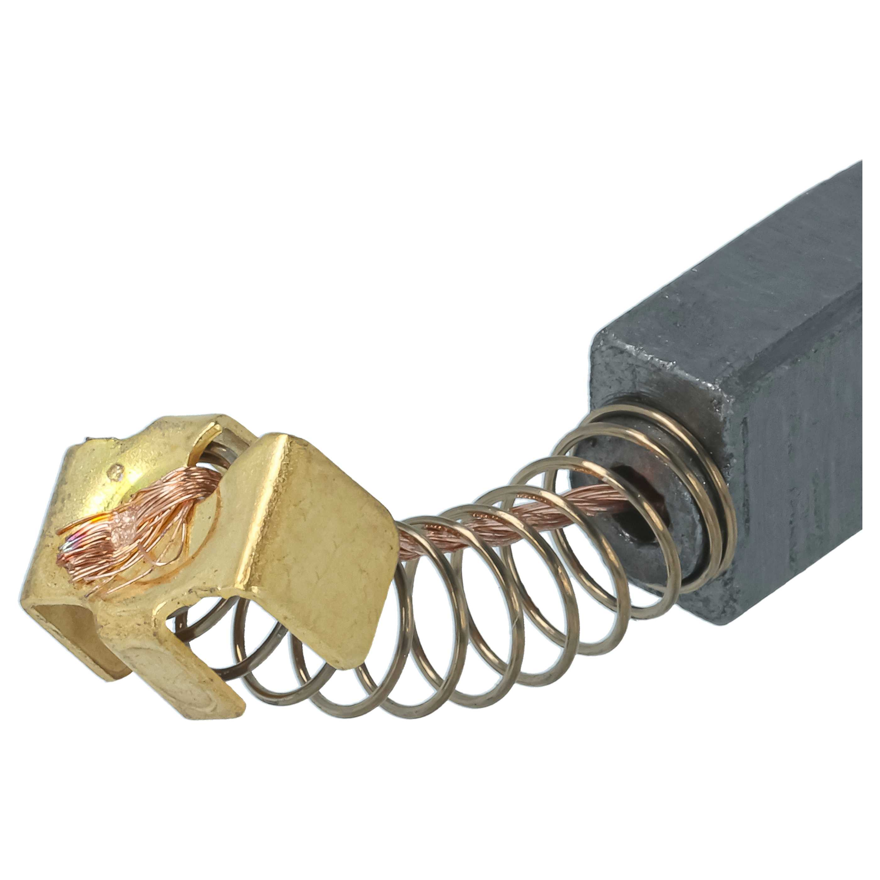 Eine rechteckige Kohlebürste mit einer Spiralfeder und einer Kupferlitze, die an einem goldenen Anschlussstück endet.