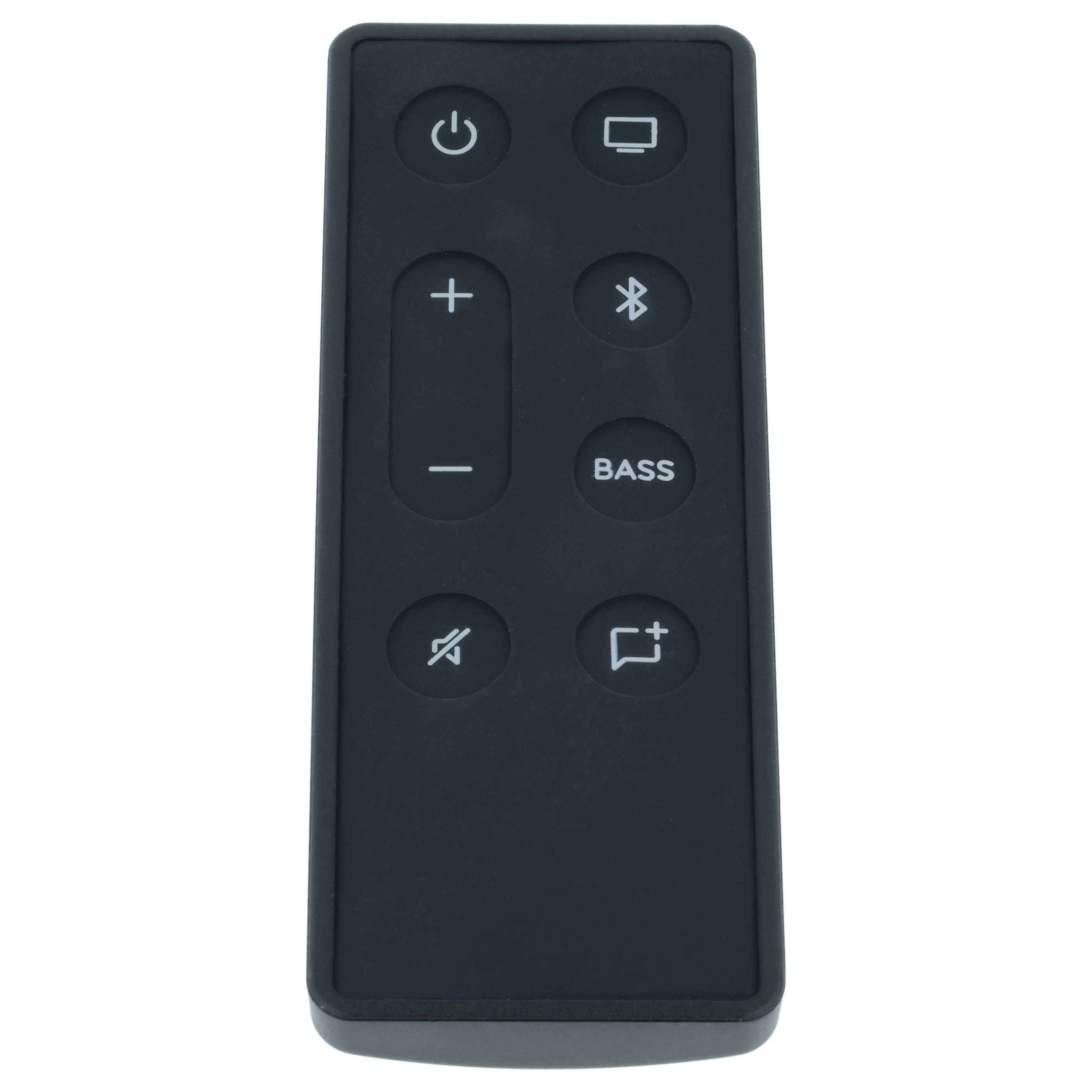 Eine schwarze Fernbedienung mit weißen Symbolen für Power, Lautstärke, Bluetooth, Bass und Mute auf weißem Grund.