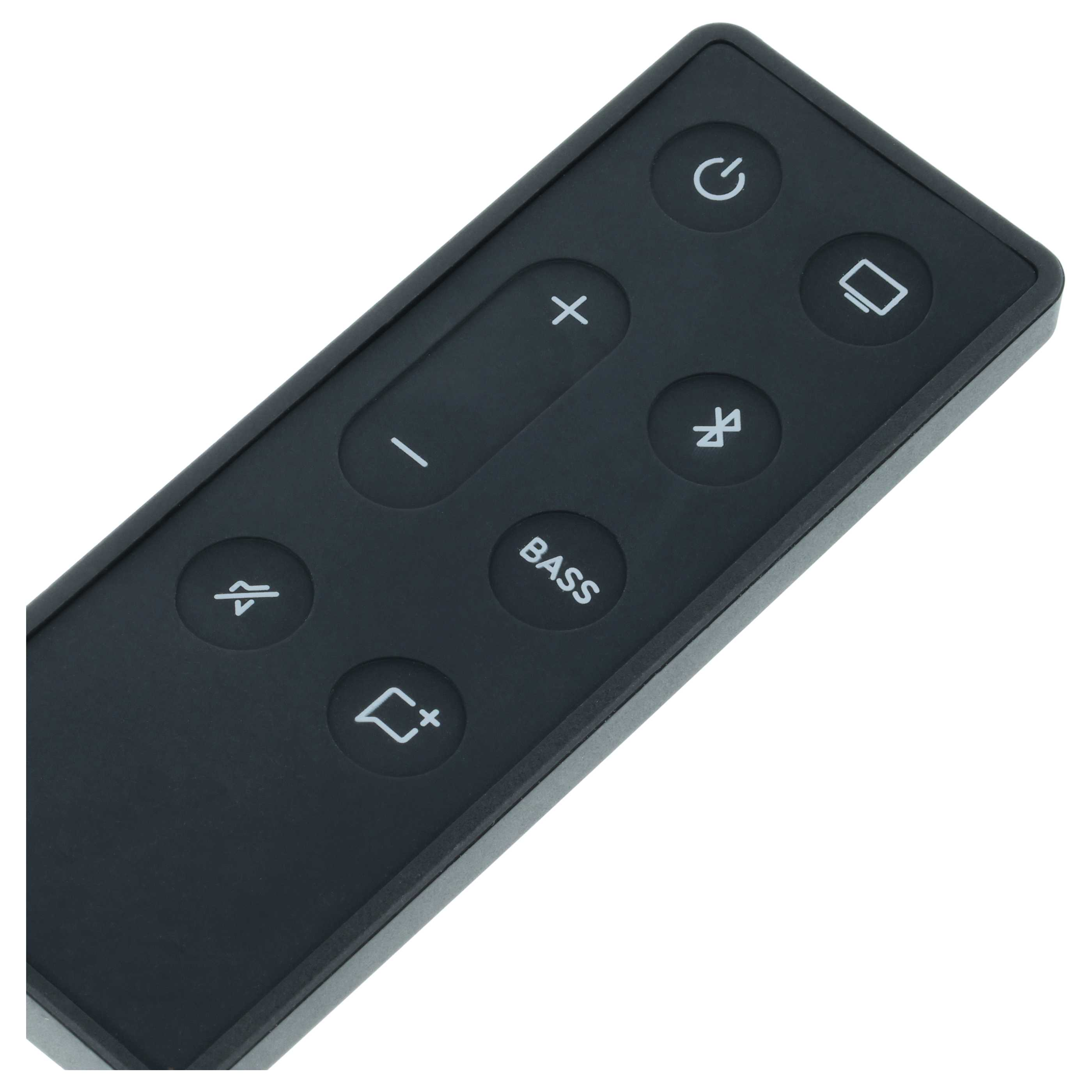 Eine schwarze Fernbedienung mit weißen Symbolen für Power, Lautstärke, Bluetooth und Bass.