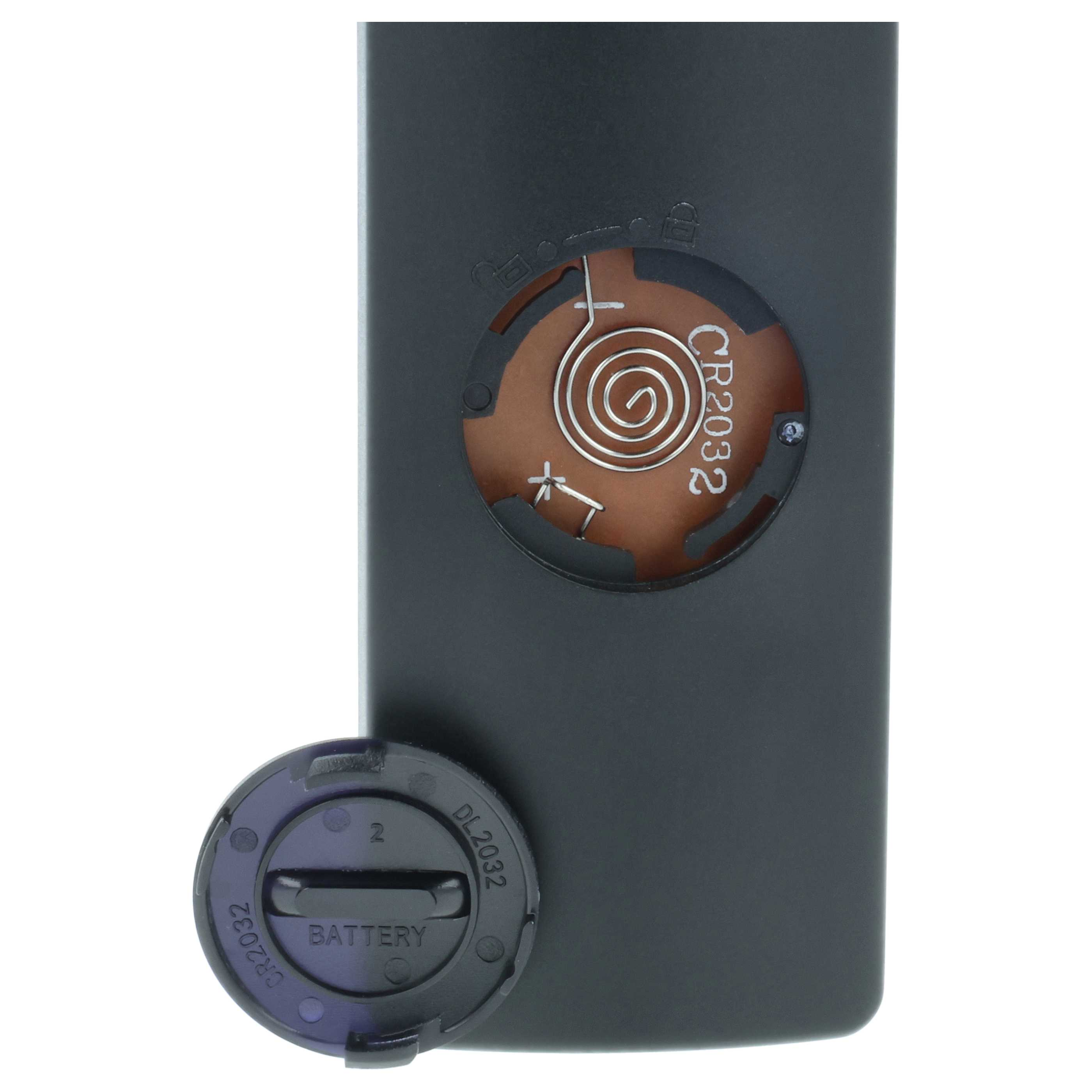 Nahaufnahme eines geöffneten CR2032 Batterieabteils mit Federkontakt auf einem schwarzen Gerät.