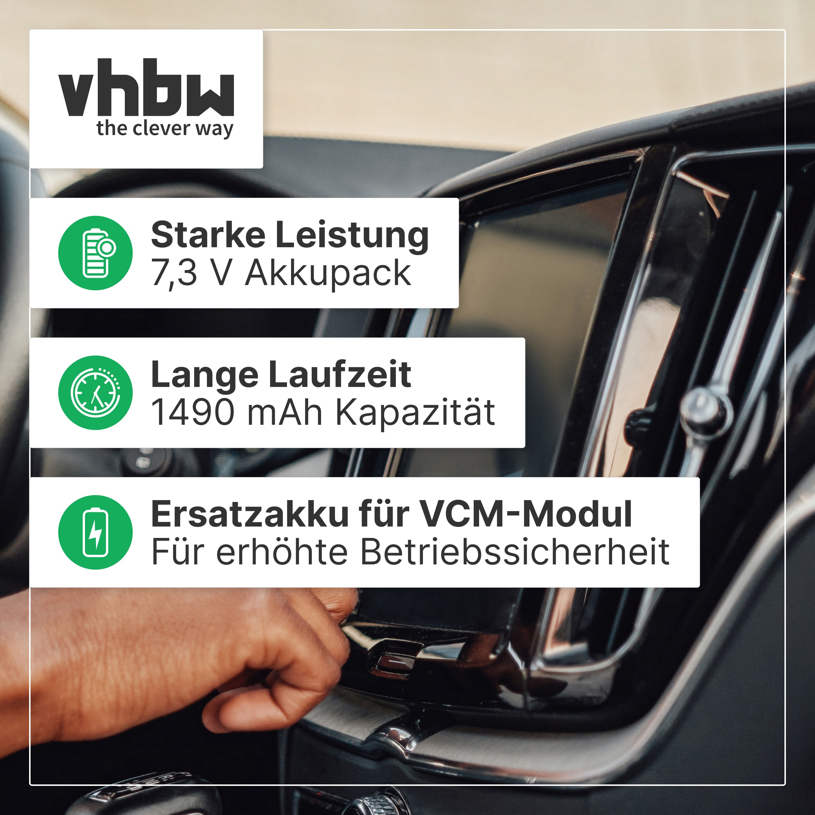 Eine Hand bedient das Armaturenbrett eines Autos mit vhbw-Logo und Batterie-Highlights.