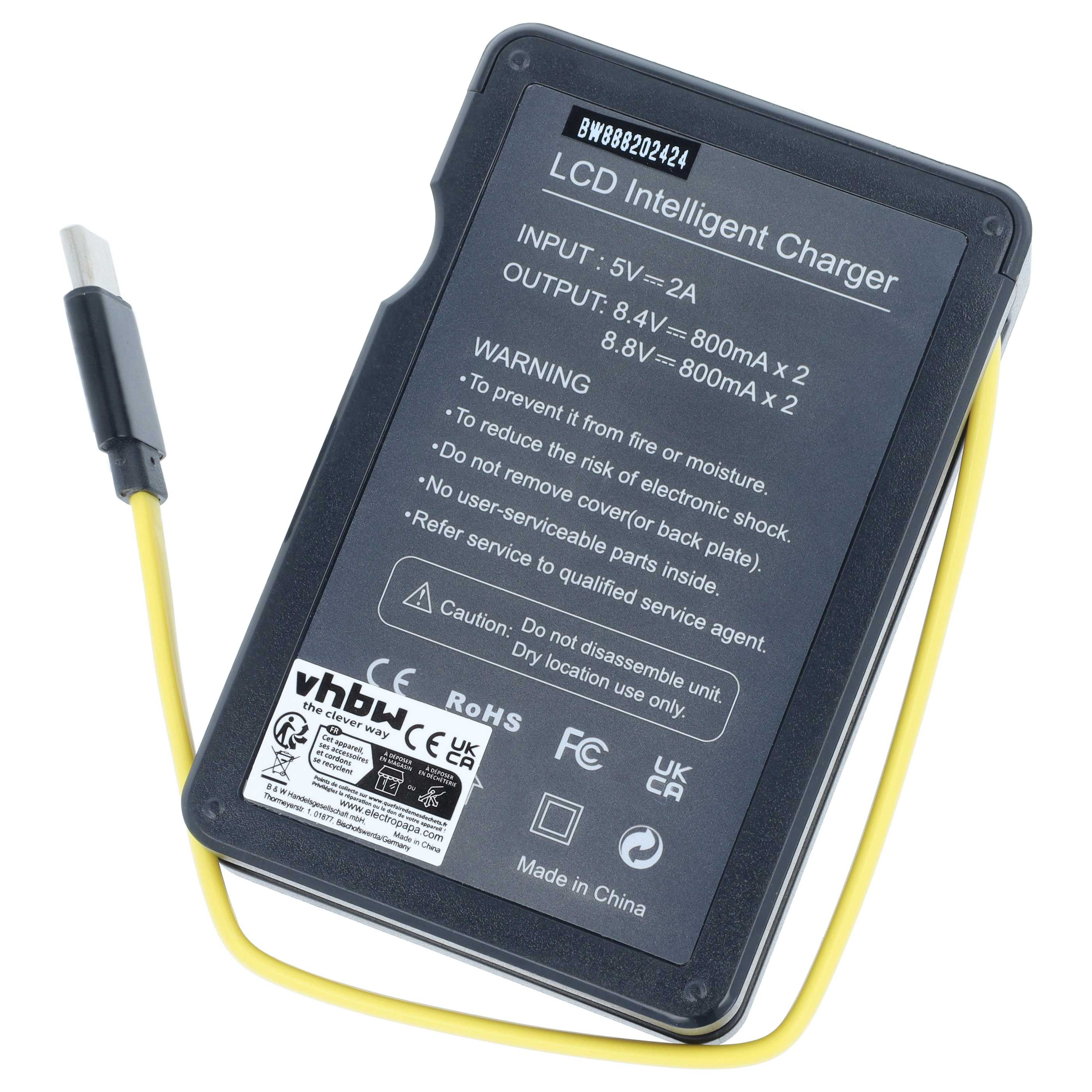 Schwarzes LCD-Intelligent-Ladegerät mit gelbem Kabel und technischen Daten.
