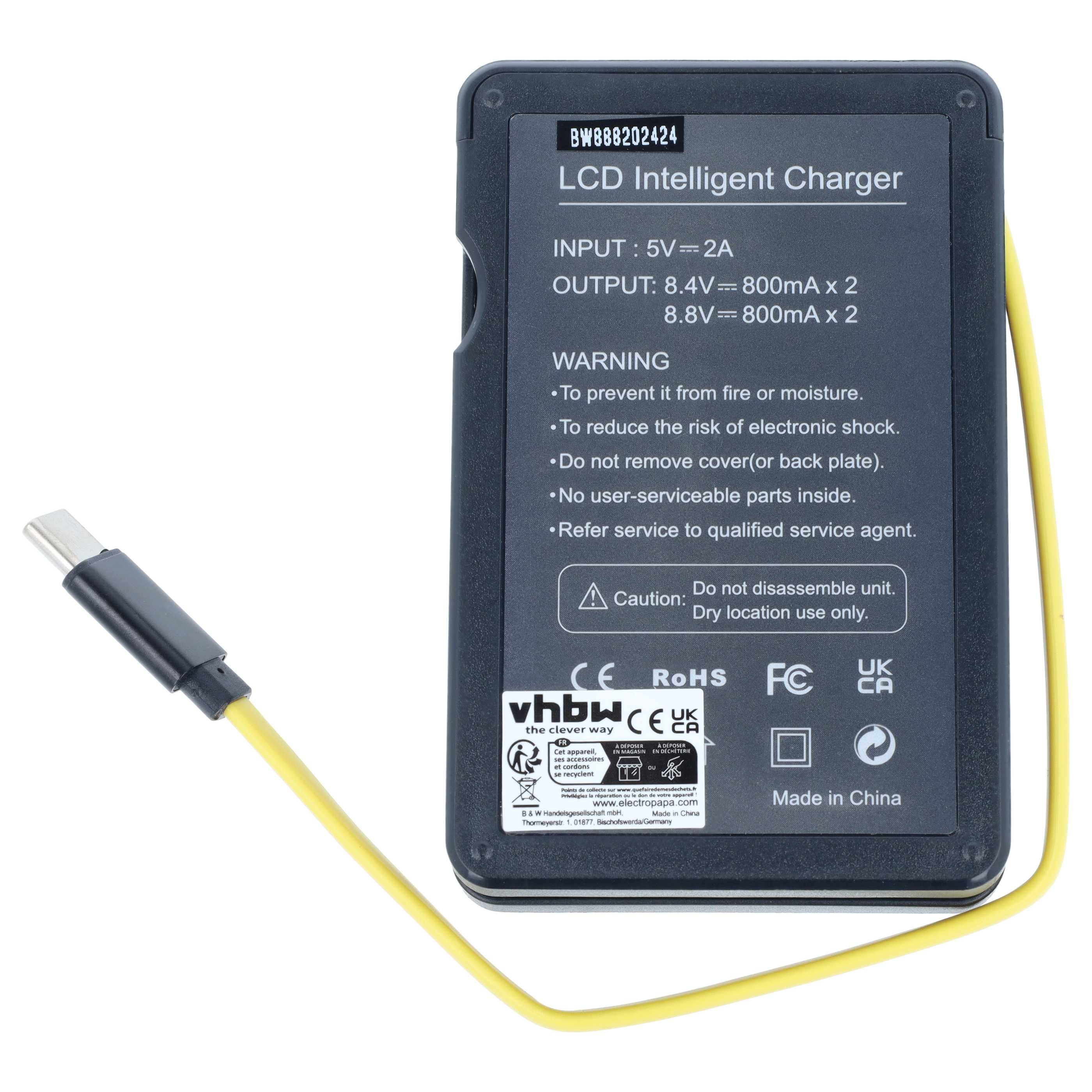 Schwarzes LCD-Intelligent-Ladegerät mit integriertem gelben USB-Kabel auf weißem Hintergrund.
