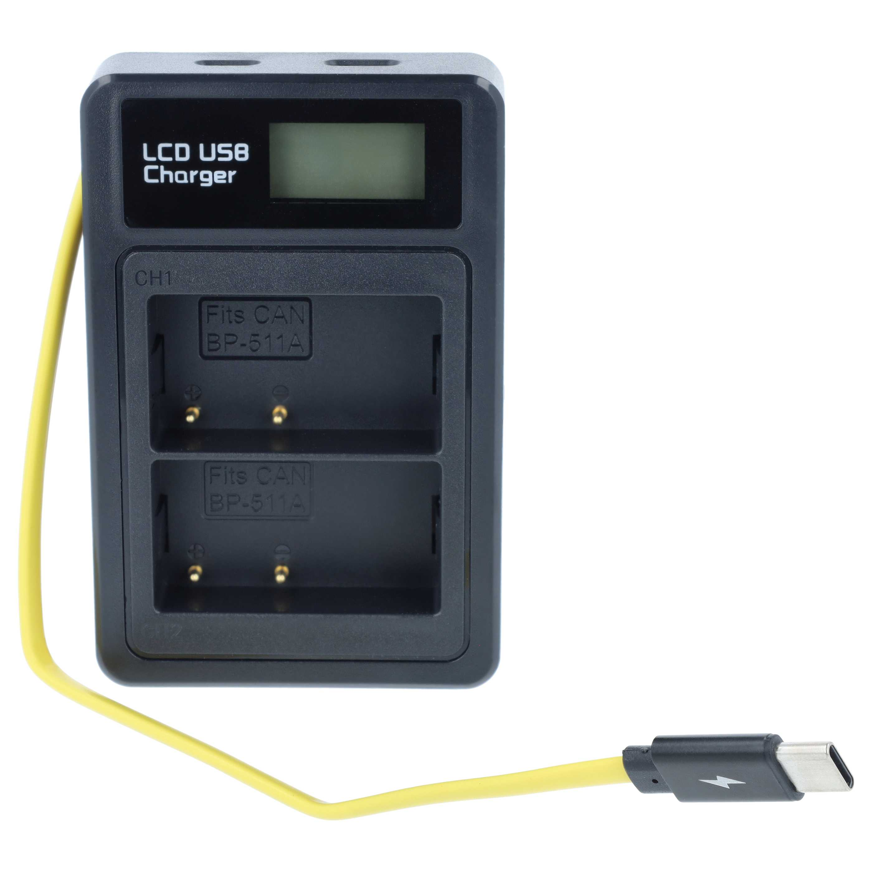 Ein schwarzes duales LCD-USB-Kamerabatterieladegerät mit zwei Steckplätzen und einem angeschlossenen gelben Kabel.