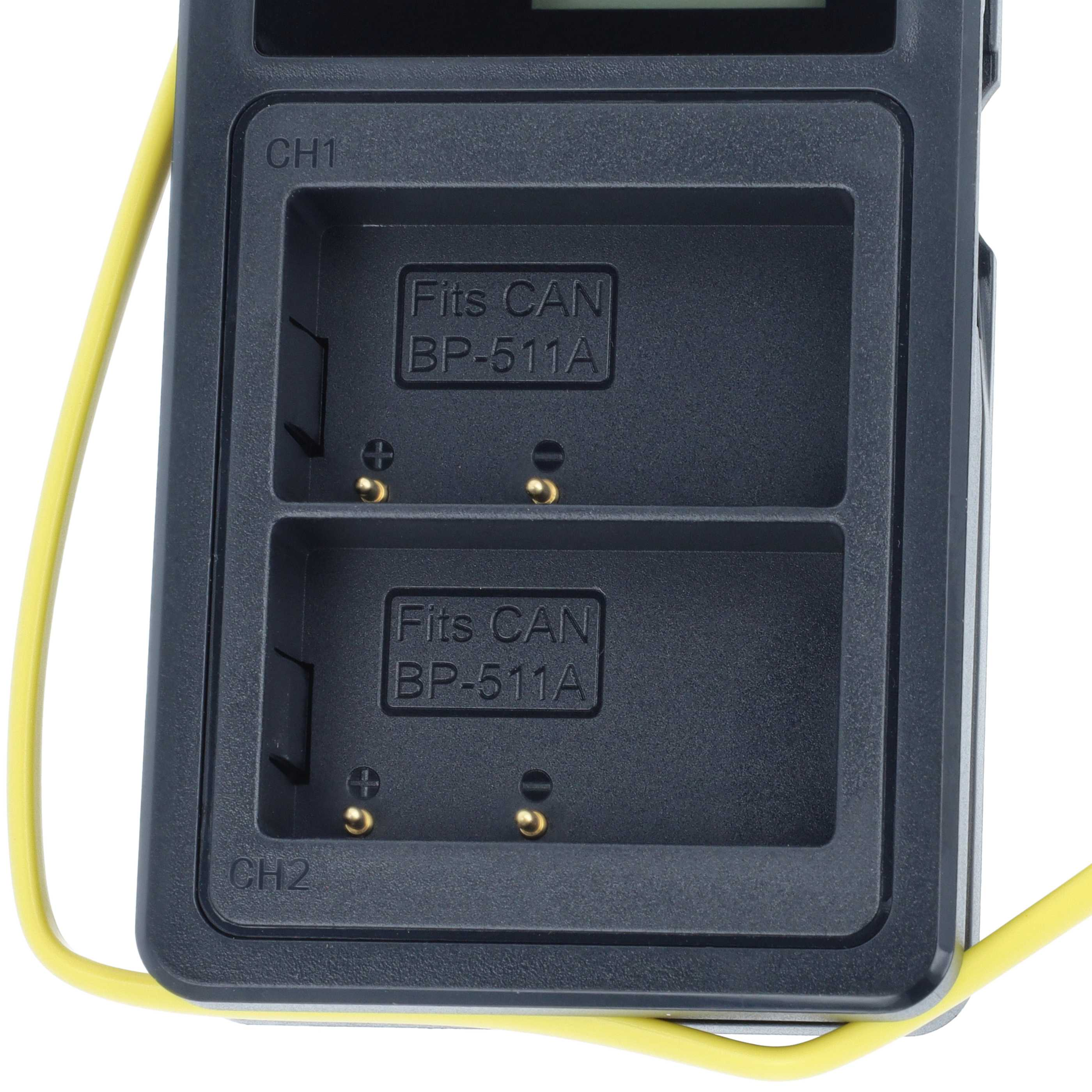 Schwarzes Doppelbatterieladegerät für CAN BP-511A mit goldnen Kontakten und gelbem Kabel.