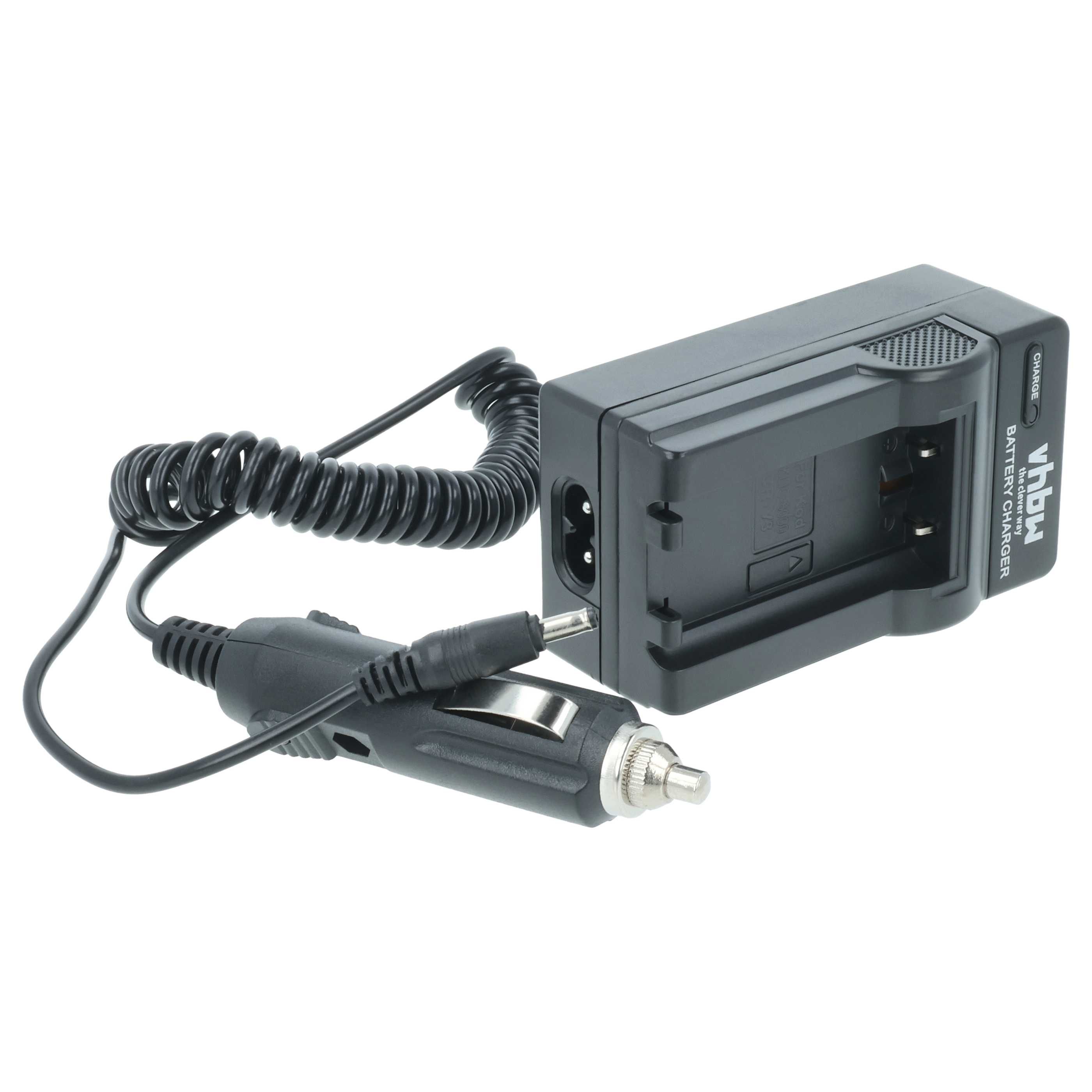 Schwarzes vhbw Akkuladegerät mit Spiralkabel und Auto-Stecker vor weißem Hintergrund.