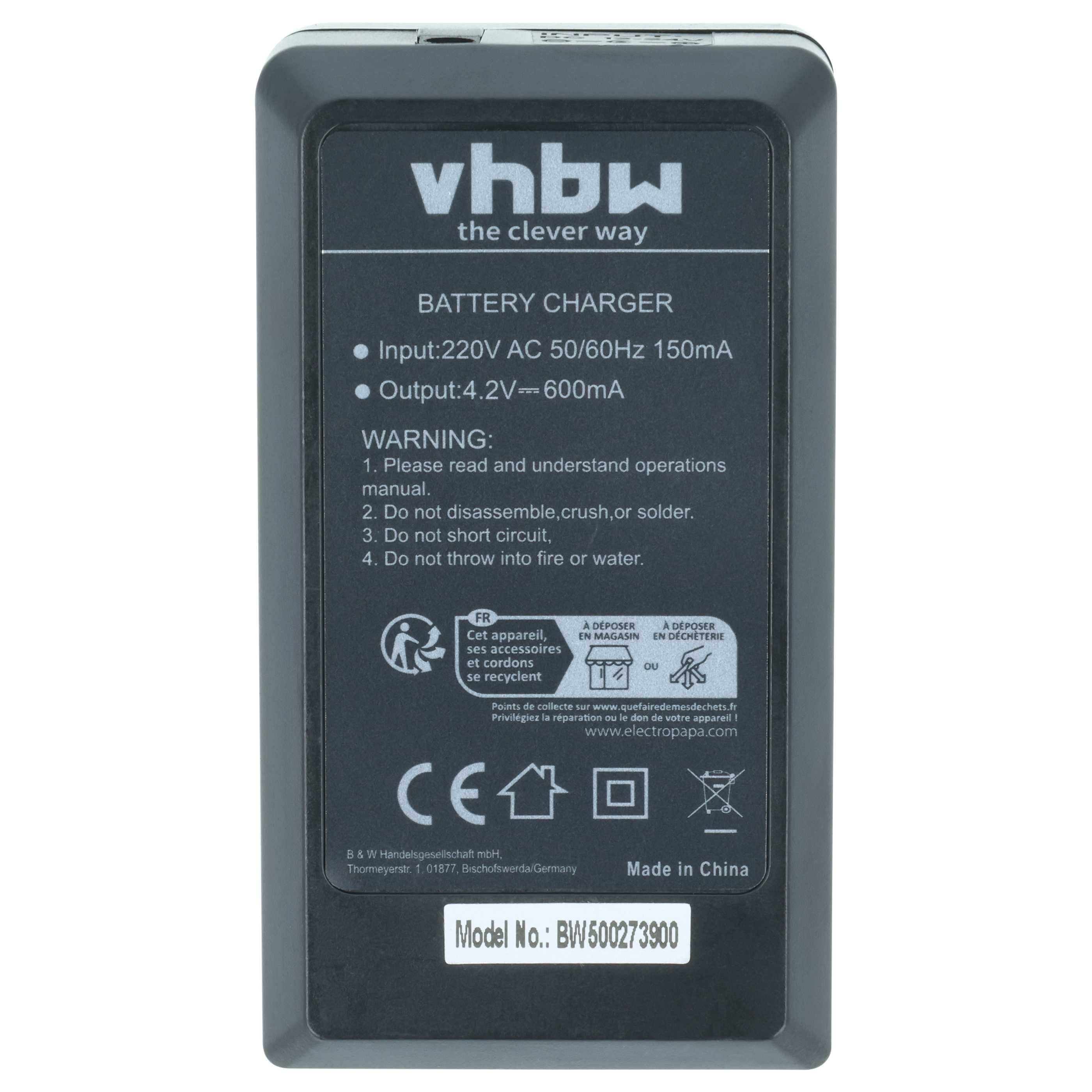 Schwarzes vhbw Akkuladegerät mit technischen Daten, Warnhinweisen, Recycling-Symbolen und der Modellnummer BW500273900.