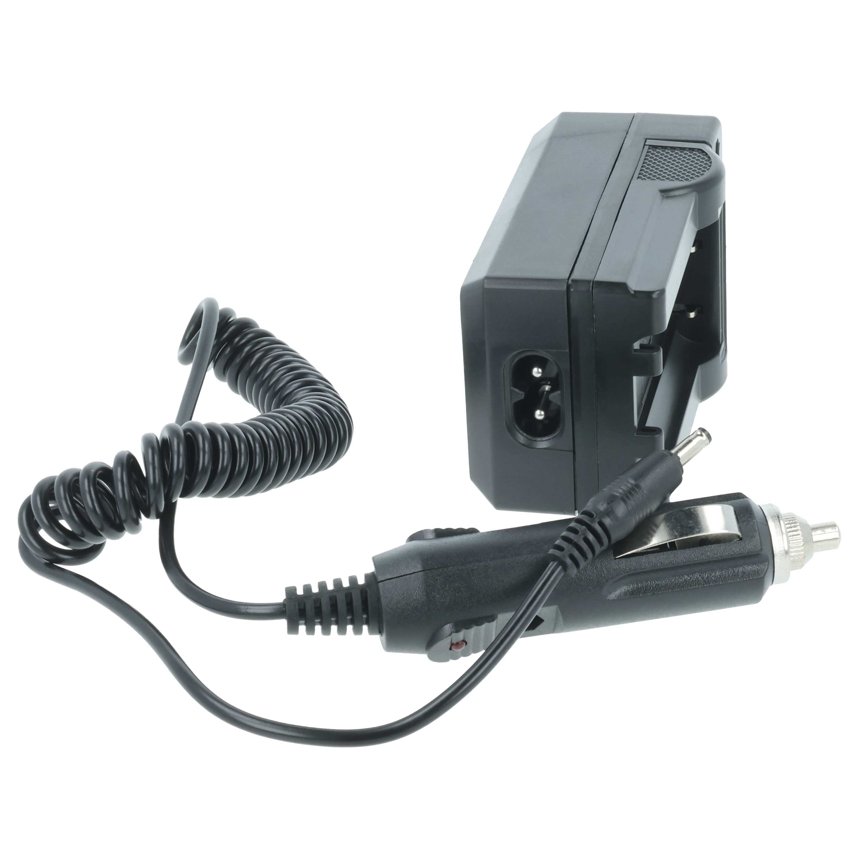 Ein schwarzes Ladegerät mit Spiralkabel und Zigarettenanzünderadapter auf weißem Hintergrund.