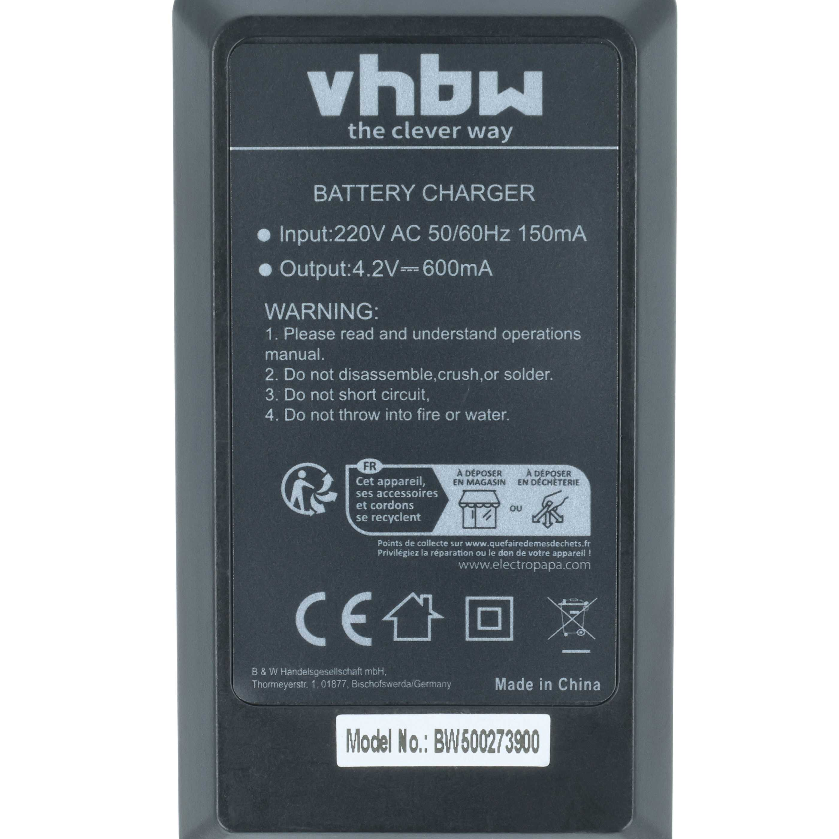 Rückseite eines schwarzen VHBW Batterie-Ladegeräts mit Technischen Daten, Warnungen und CE-Kennzeichnung.
