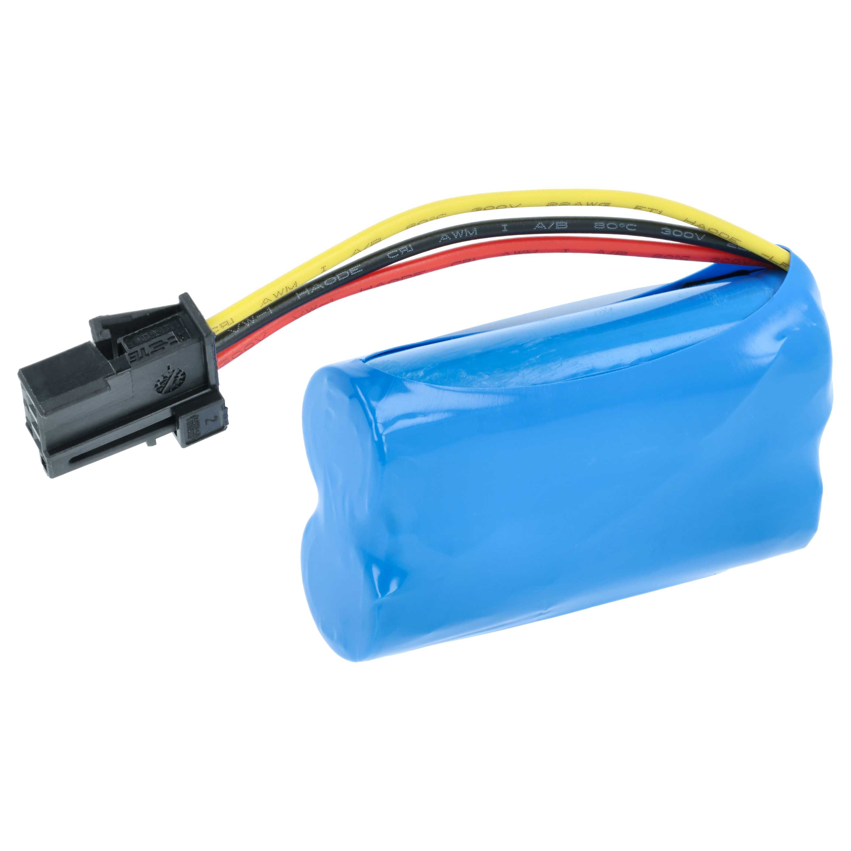 Ein blauer Akku mit drei farbigen Kabeln und einem schwarzen Stecker auf weißem Hintergrund.