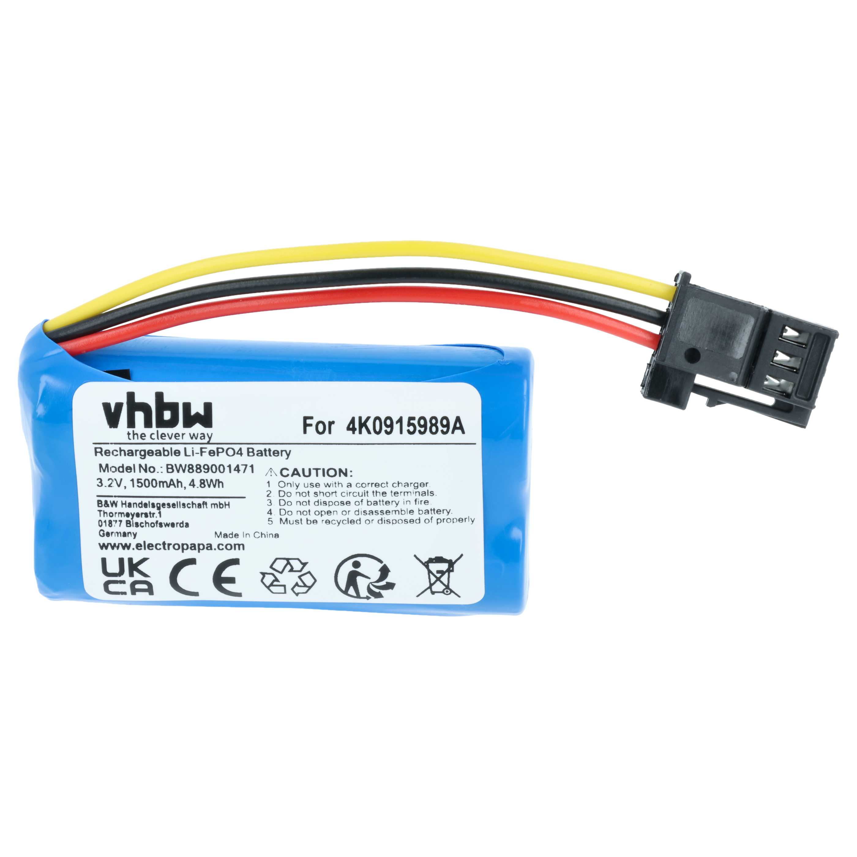 Blaue wiederaufladbare Li-FePO4-Batterie mit drei farbigen Kabeln und schwarzem Steckverbinder.