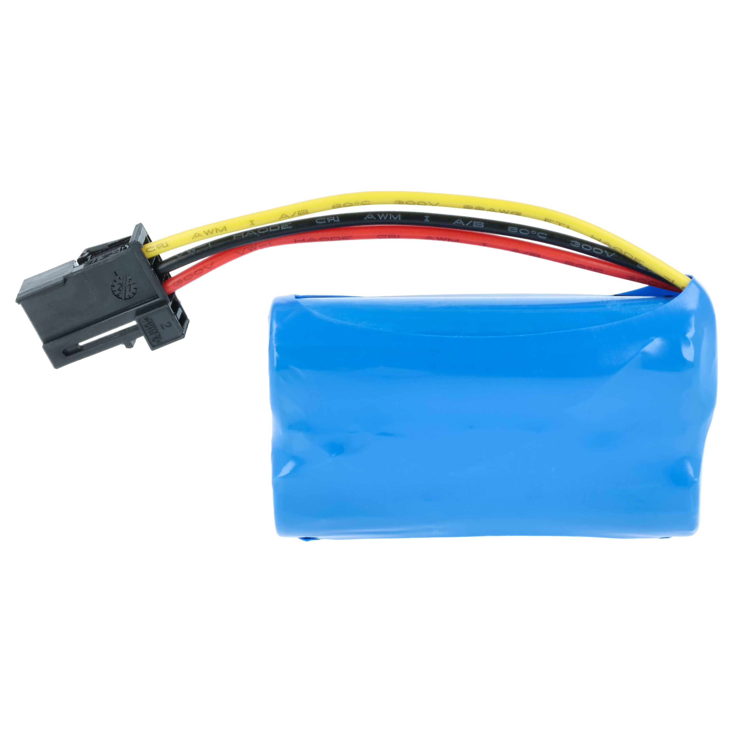 Ein blauer Akku mit drei Kabeln in Gelb, Schwarz und Rot, die an einem schwarzen Stecker enden.