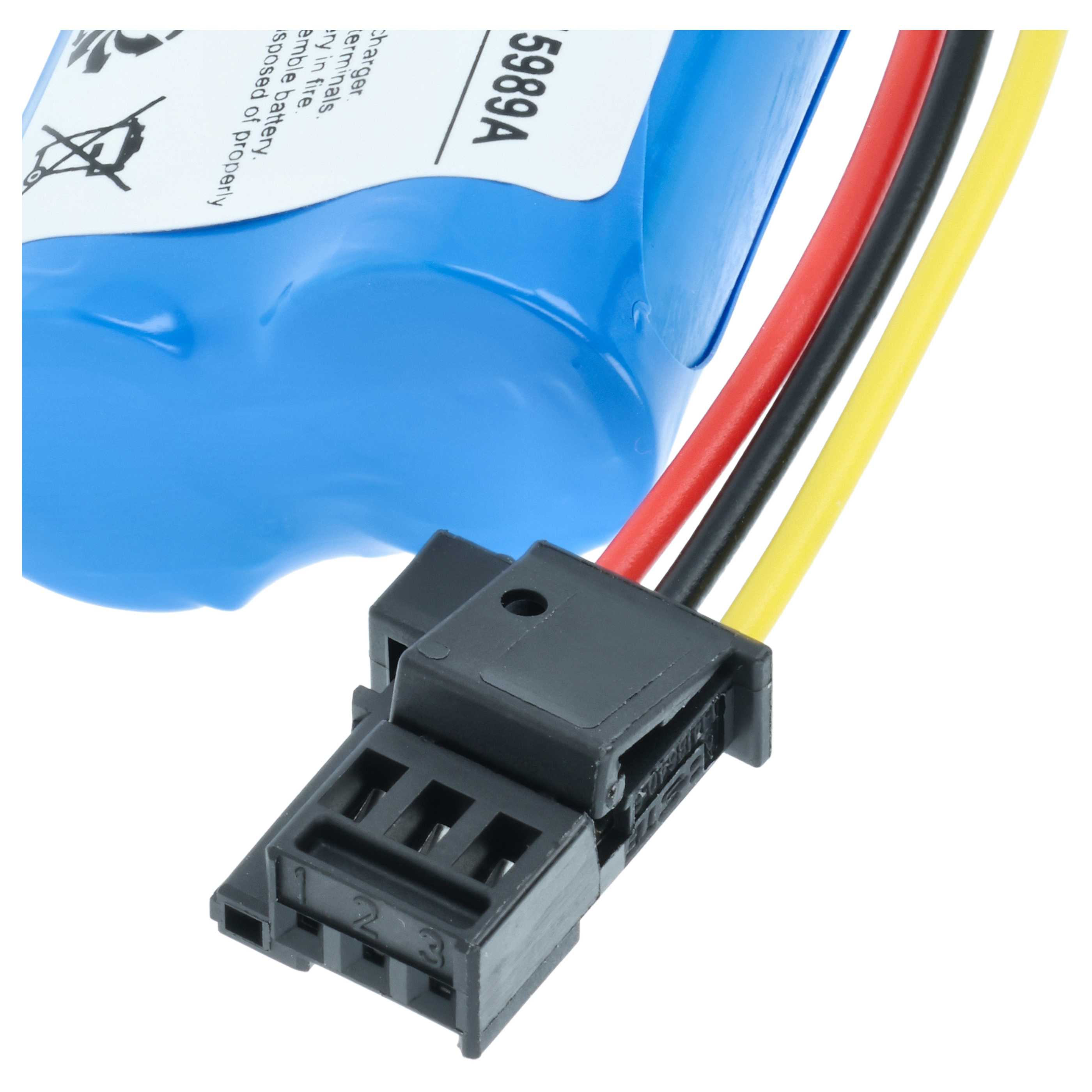 Ein blauer Akku mit einem schwarzen, roten und gelben Kabel, die in einem schwarzen Stecker enden.