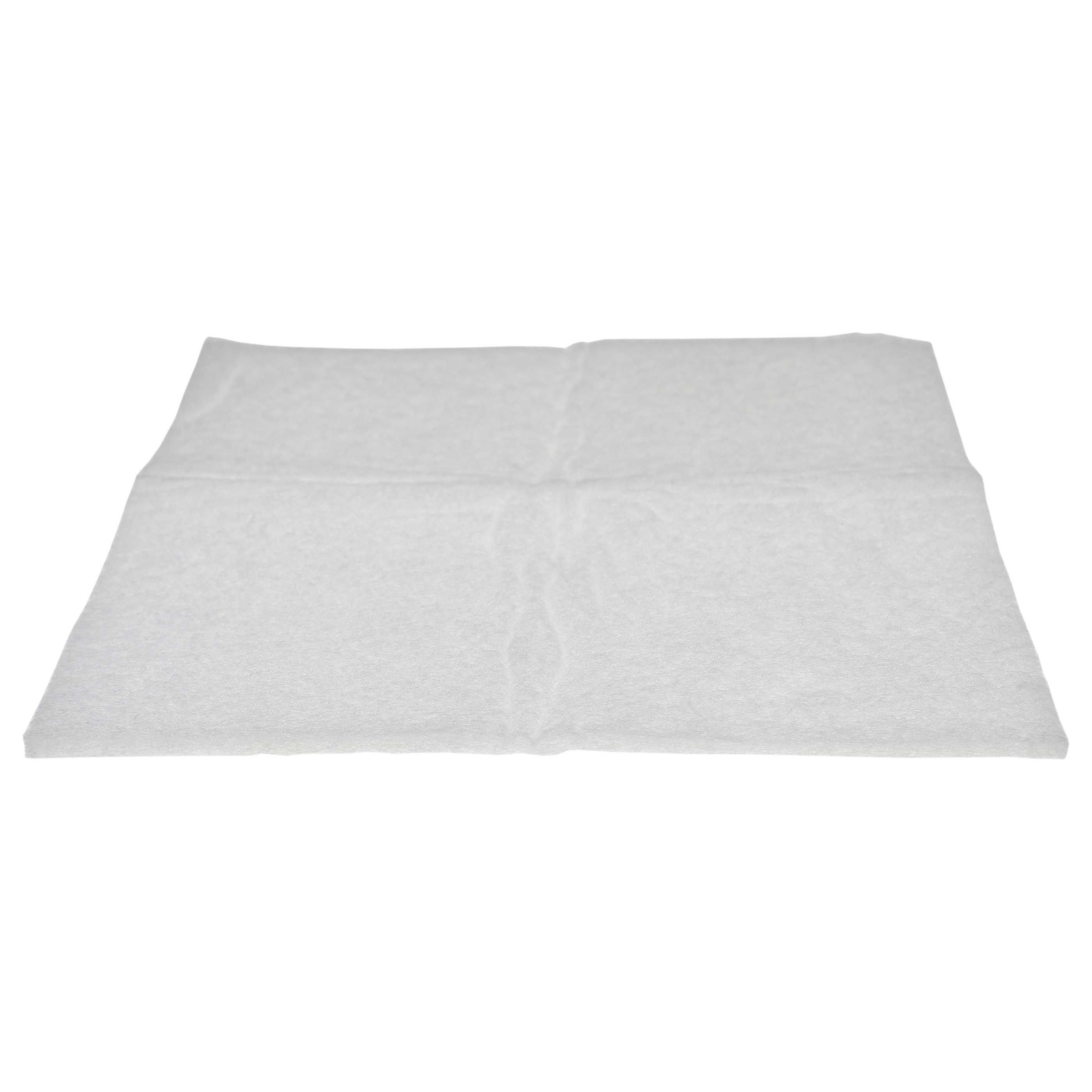 Eine flache, ungefaltete weiße Papierserviette vor weißem Hintergrund.