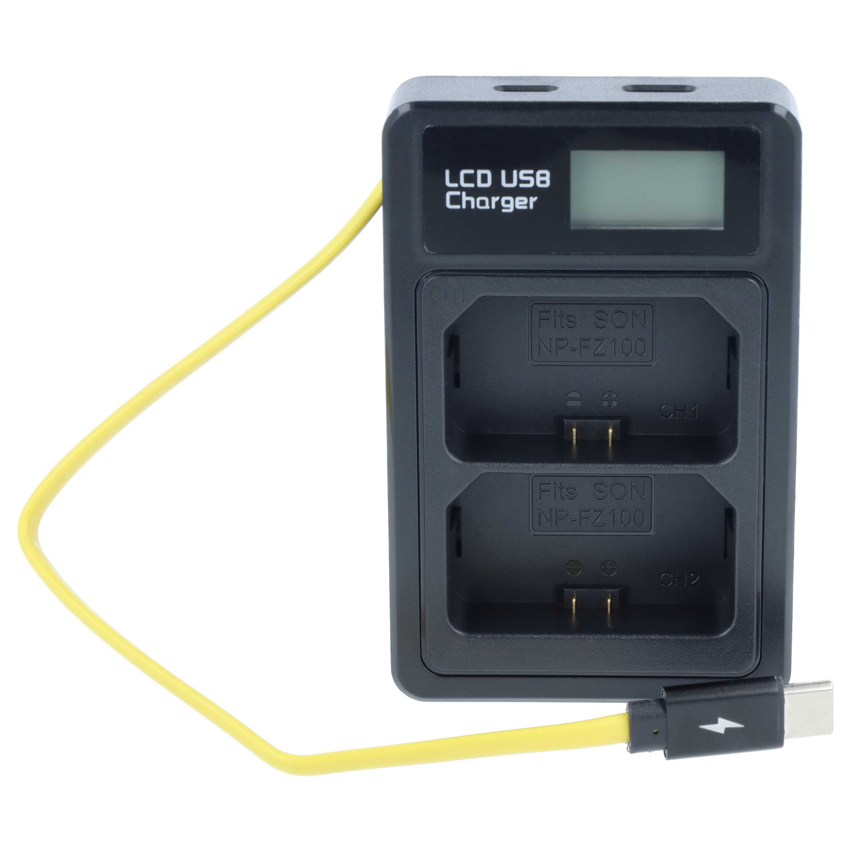 Schwarzes LCD-USB-Ladegerät für zwei Akkus mit gelbem Kabel.
