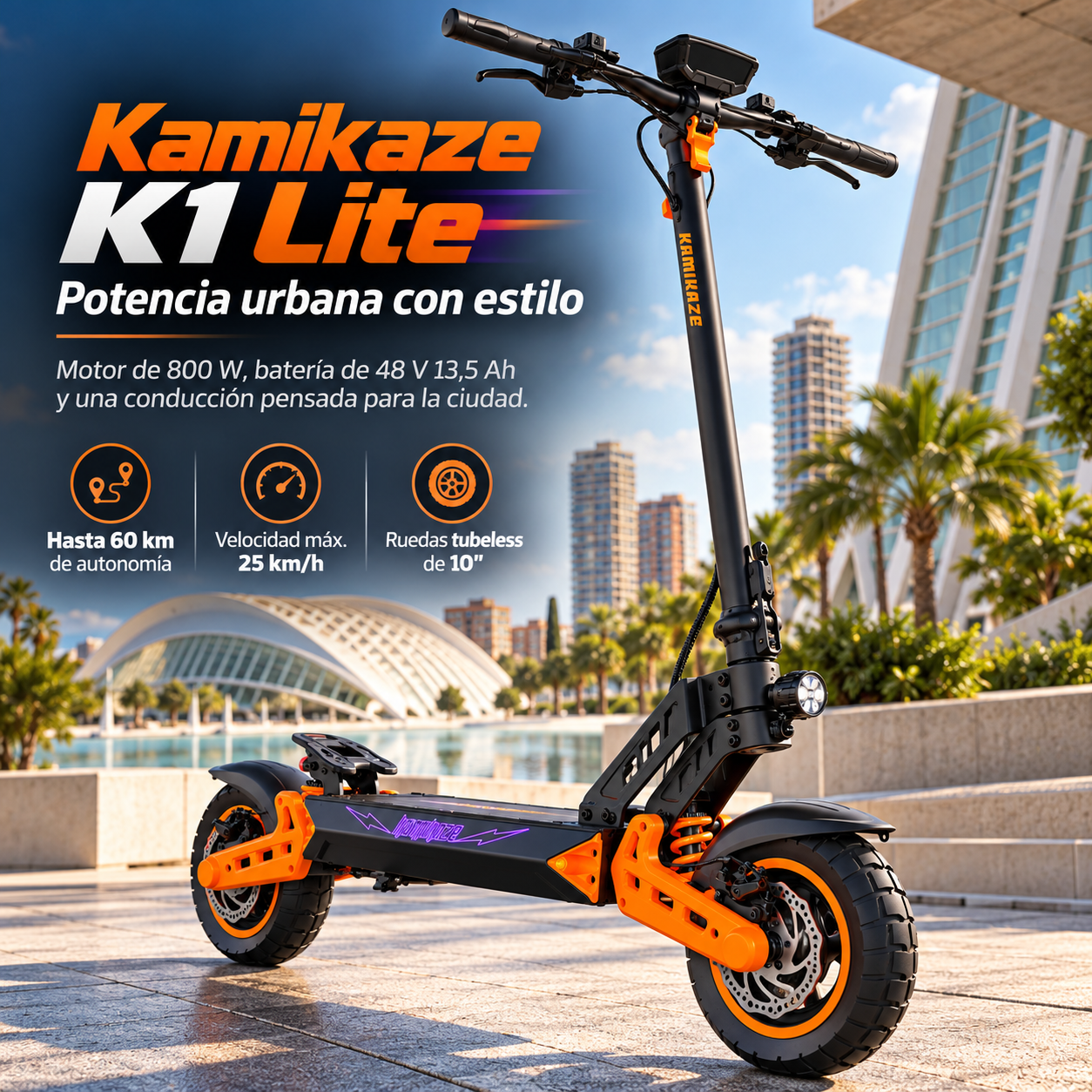 Patinete eléctrico Kamikaze K1 Lite negro y naranja en una plaza soleada con un horizonte moderno de fondo.