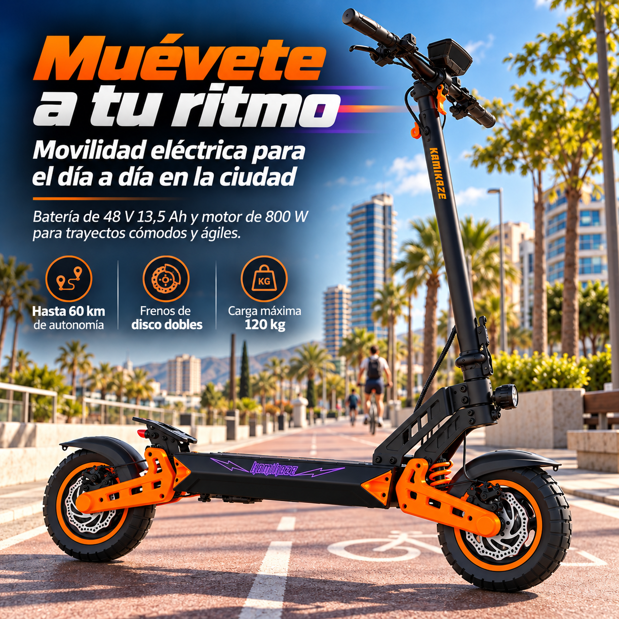 Un patinete eléctrico negro con detalles naranjas en un camino soleado con fondo urbano.