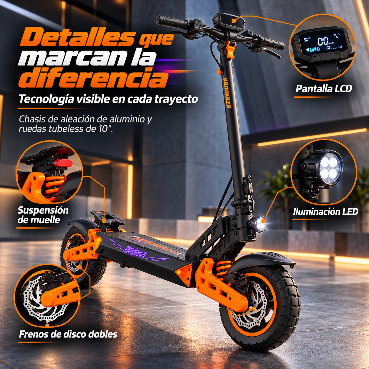 Patinete eléctrico negro y naranja con pantalla LCD, luz LED, suspensión de muelle y frenos de disco dobles.