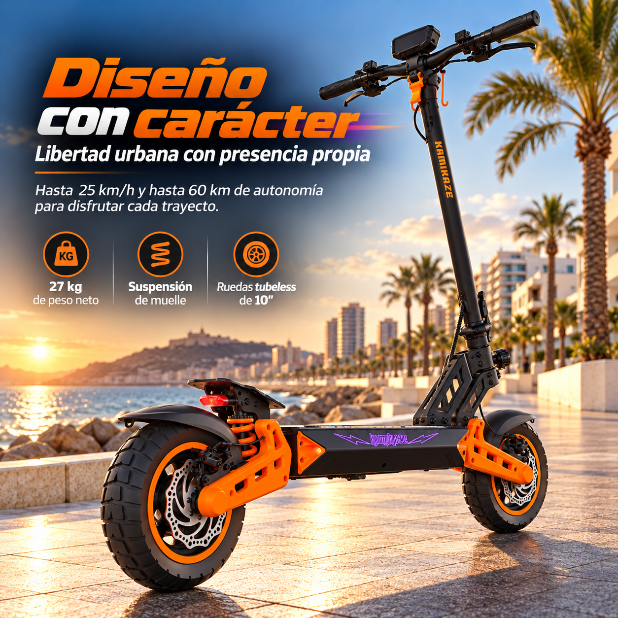 Un patinete eléctrico negro y naranja aparcado en un paseo marítimo al atardecer, con palmeras y edificios de fondo.