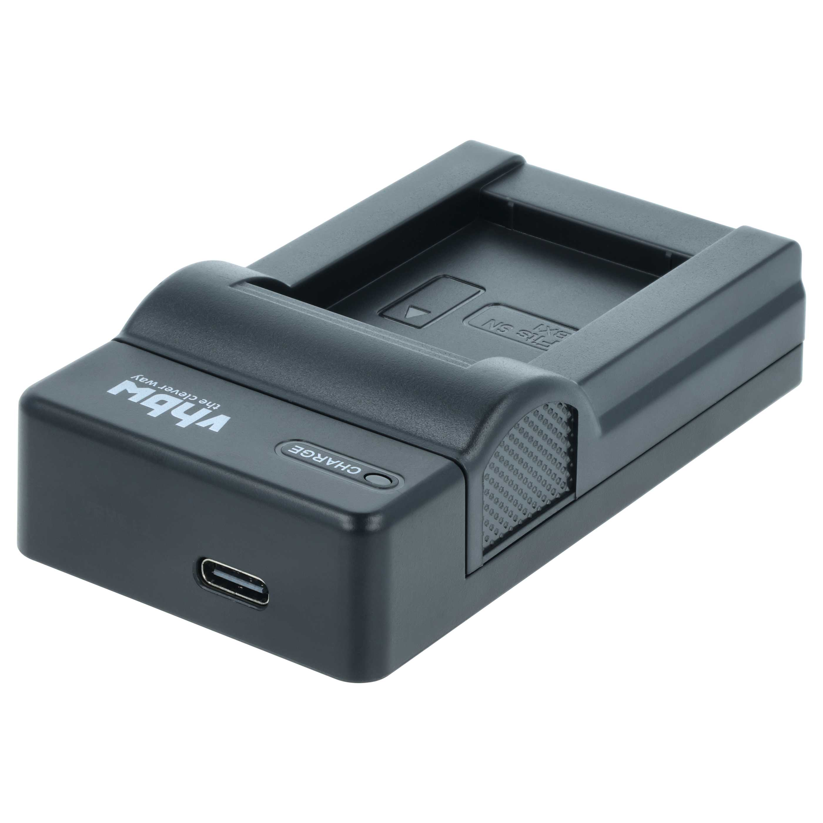 Ein schwarzes vhbw Akkuladegerät mit USB-C-Anschluss, Ladekontrollleuchte und strukturiertem Seitengriff auf weißem Grund.