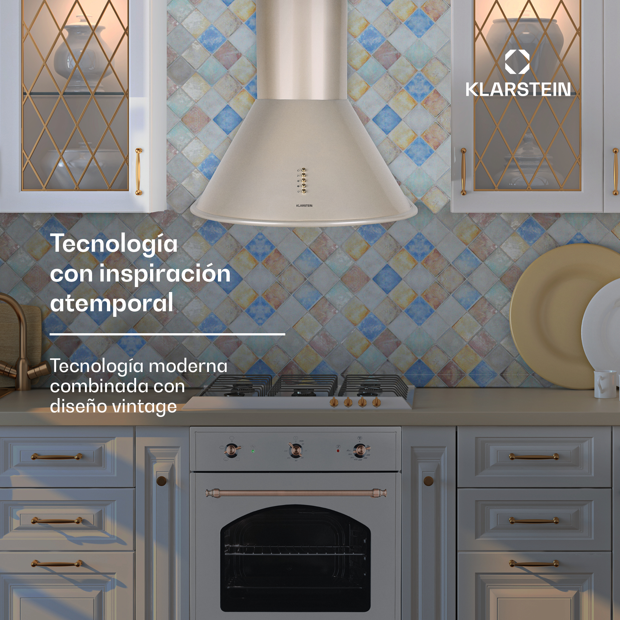Moderna cappa aspirante e forno in una cucina luminosa con piastrelle a rombi colorate e testo.