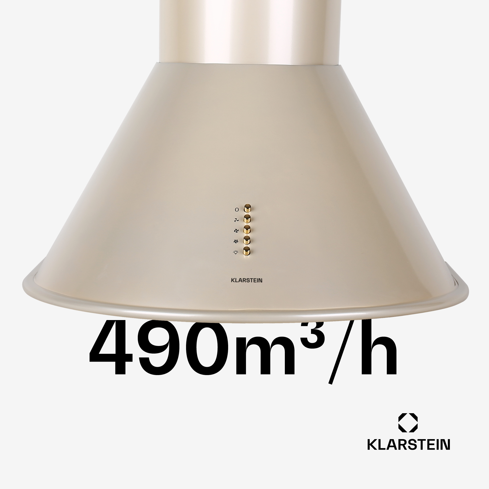 Cappa aspirante Klarstein beige con cinque bottoni dorati e la scritta 490m³/h davanti.