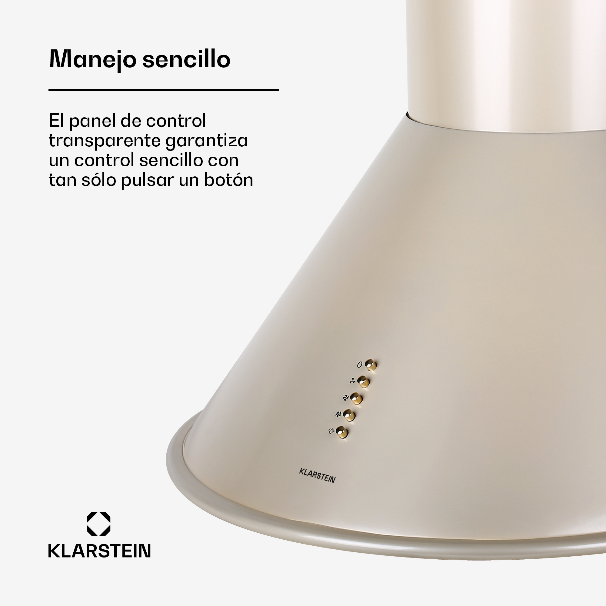 Cappa beige con bottoni dorati e logo Klarstein. Testo in spagnolo.