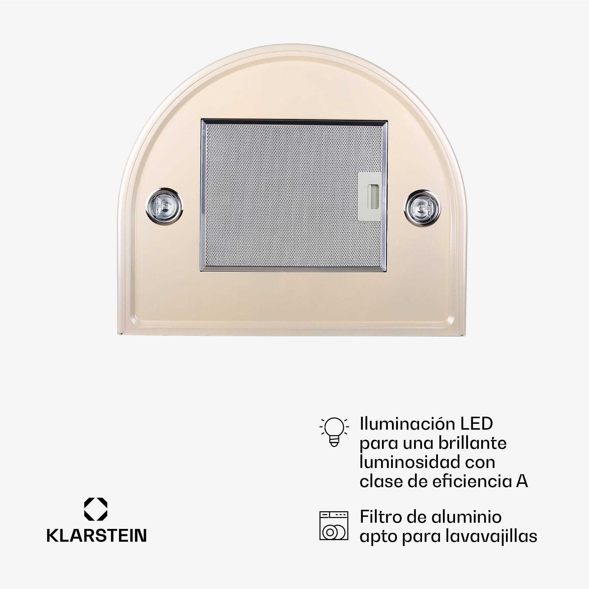 Cappa da cucina beige con illuminazione LED e filtro in alluminio lavabile in lavastoviglie.