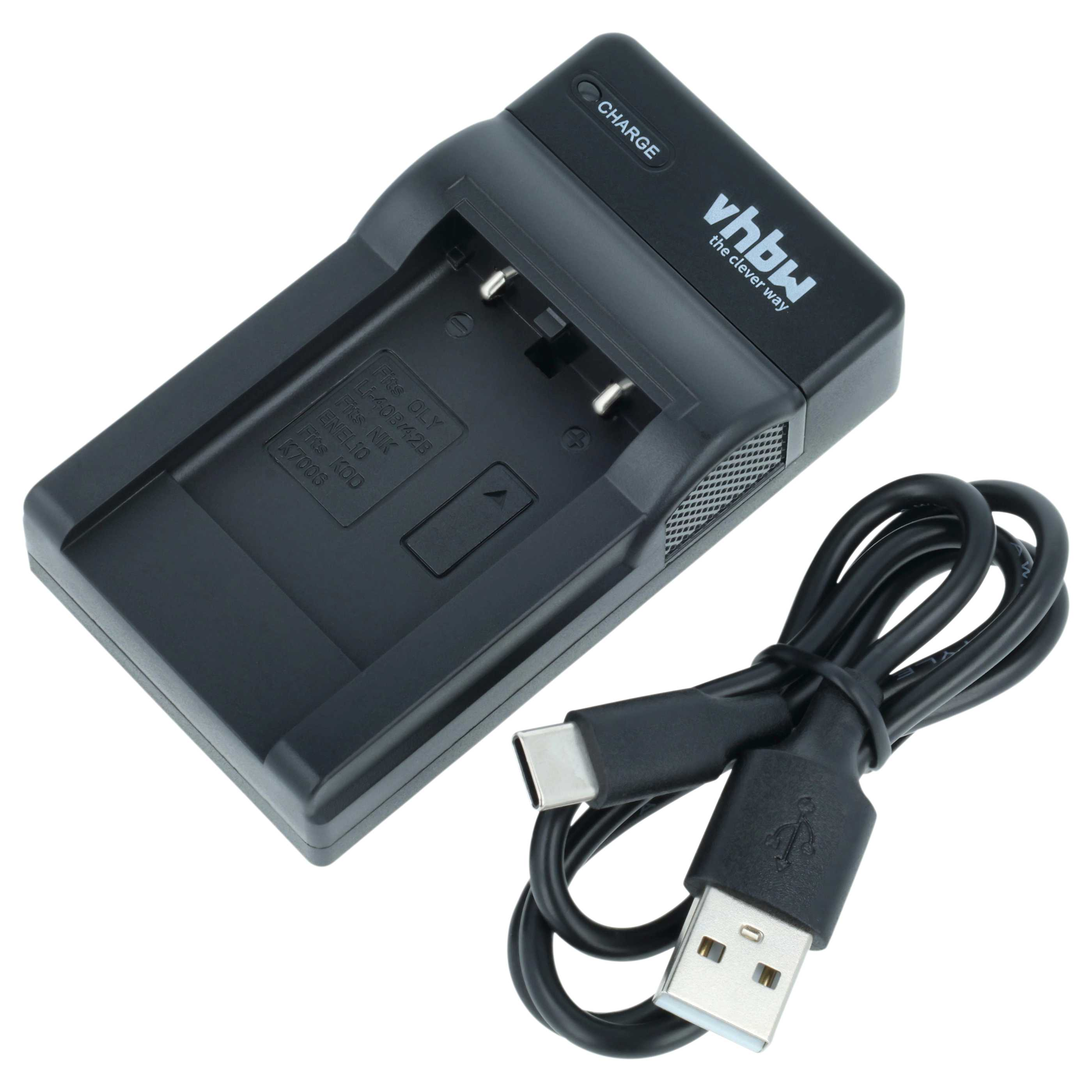 Schwarzes Akkuladegerät von vhbw mit USB-Kabel auf weißem Hintergrund.