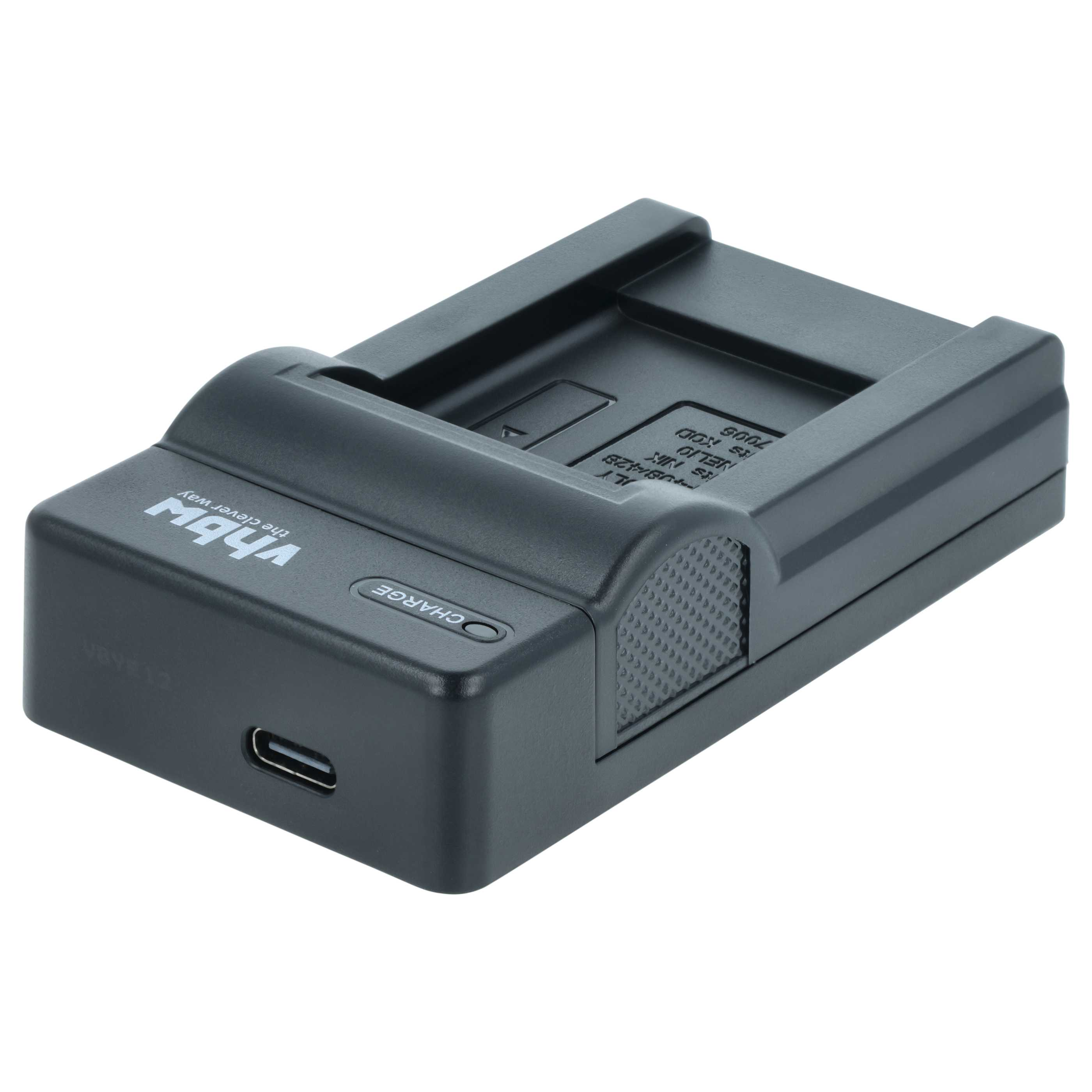 Ein schwarzes vhbw Ladegerät mit USB-C-Anschluss, Ladeanzeige und strukturiertem Seitengriff auf weißem Hintergrund.