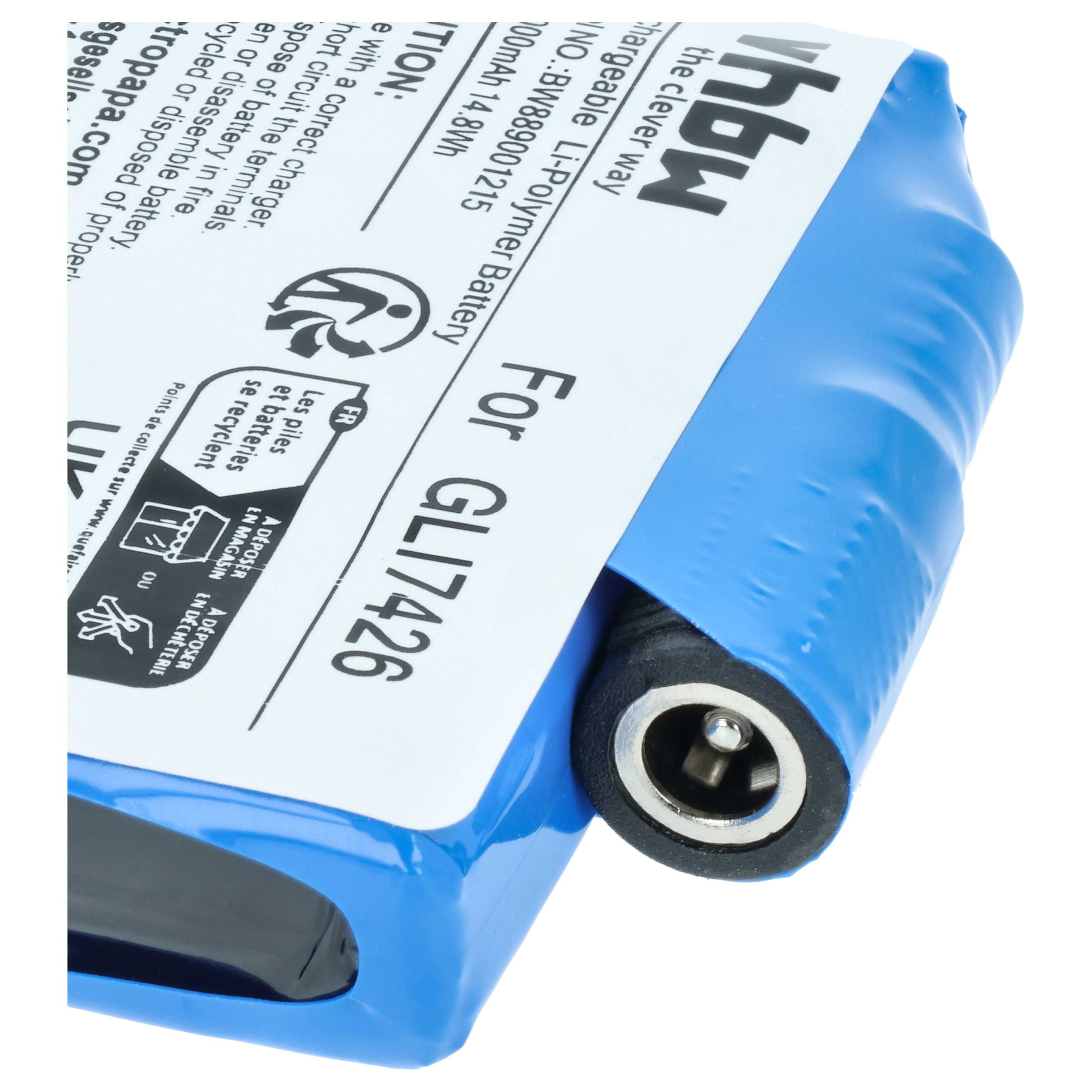 Blaue wiederaufladbare Li-Polymer-Batterie mit weißem Etikett und Anschlüssen.